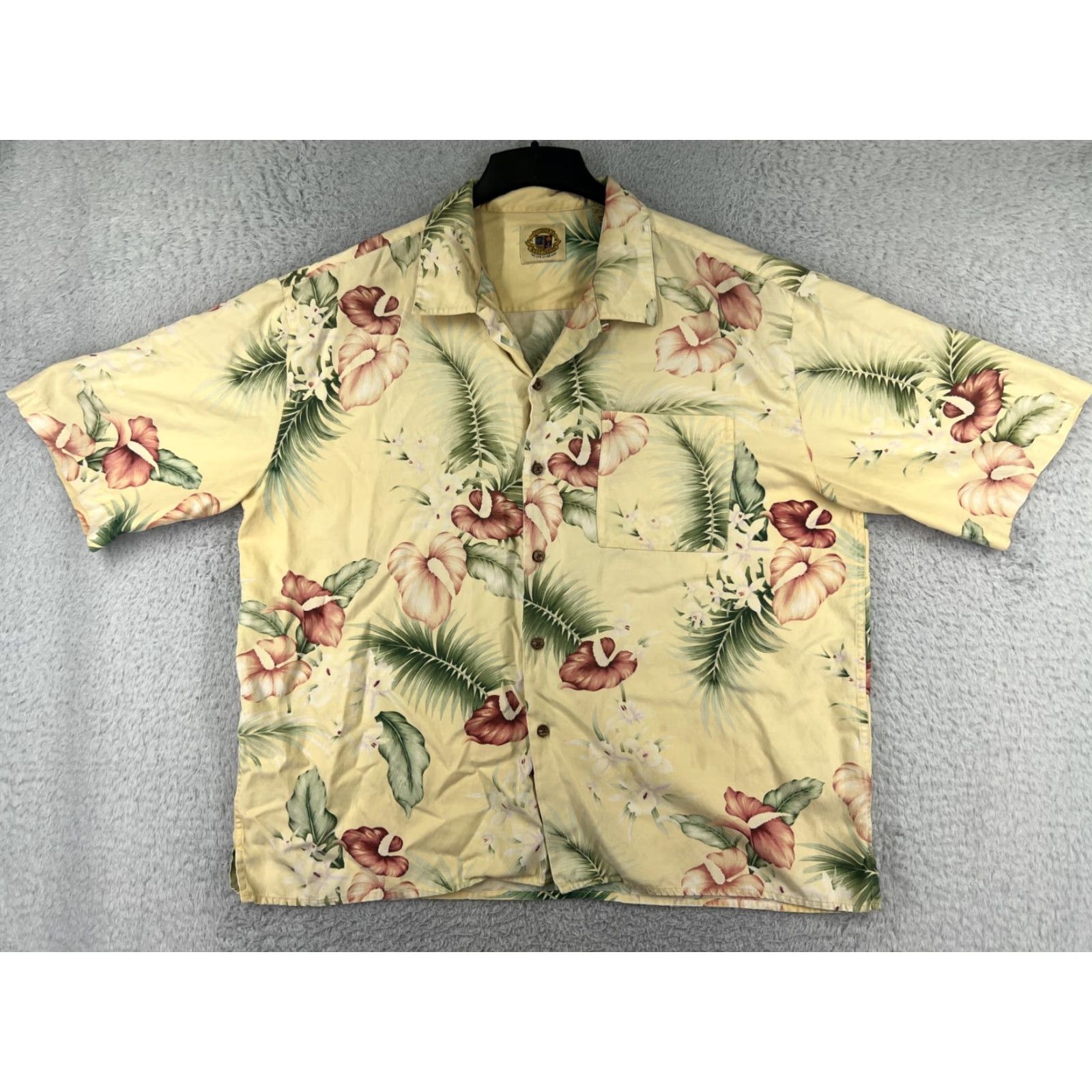 Vintage Pussers Mens Button-Up Shirt XL Yellow Floral Hibiscus Silk Blend Hawaiian Aloha Beach Vacation Resort Casual Size US XL / EU 56 / 4 - 2 Thumbnail