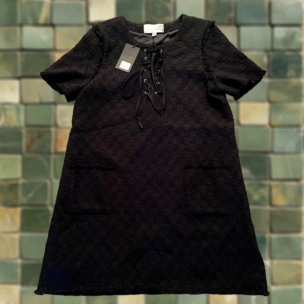 MISA Los Angeles JOA Black Tie Up Sheath Dress L with Pockets - LBD, Short Sleeve, Lace, Fringe, Layered, Lined, Polyester, A-Line, Party/Cocktail, Size L, Womens Size L / US 10 / IT 46 - 1 Thumbnail