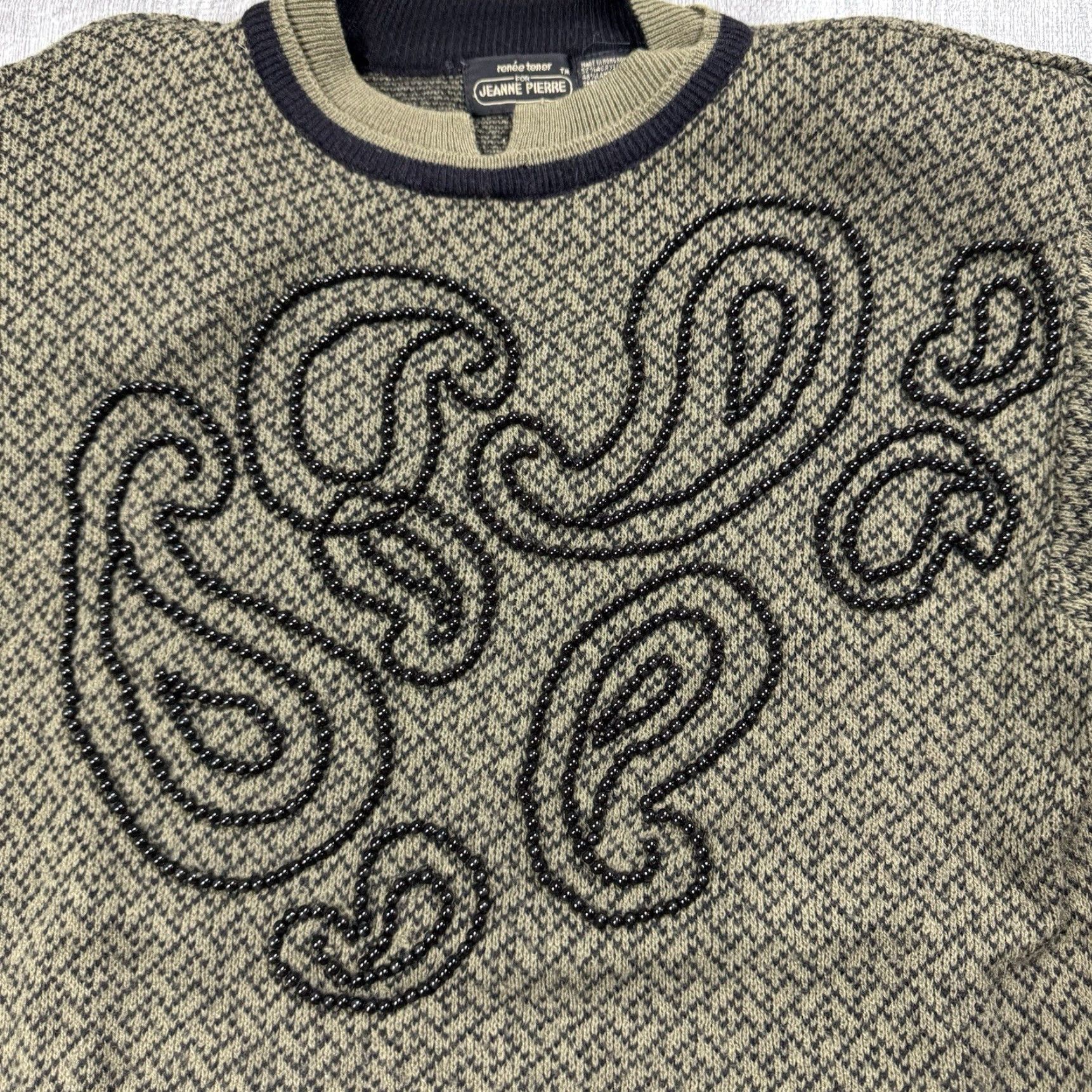Vintage VTG Jeanne Pierre Beaded Green Black Wool Blend Sweater Pullover Women S Size S Crew Neck 90s Retro Vintage Knit Classic Fit Size S / US 4 / IT 40 - 2 Thumbnail