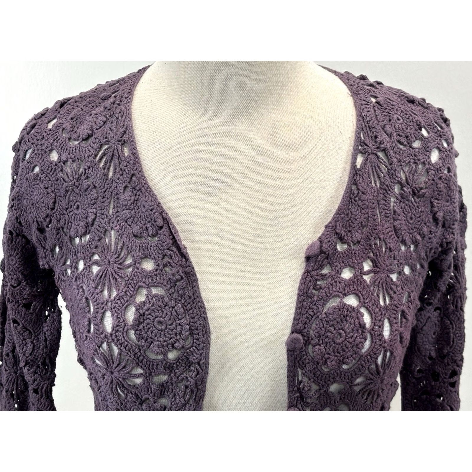 Pierre Cardin VINTAGE Pierre Cardin Crochet Cardigan Sweater Womens PM Purple Linen Blend Festival 90s Y2K Boho Whimsigoth Festival Ladies PM Ladies Size M / US 6-8 / IT 42-44 - 5 Thumbnail