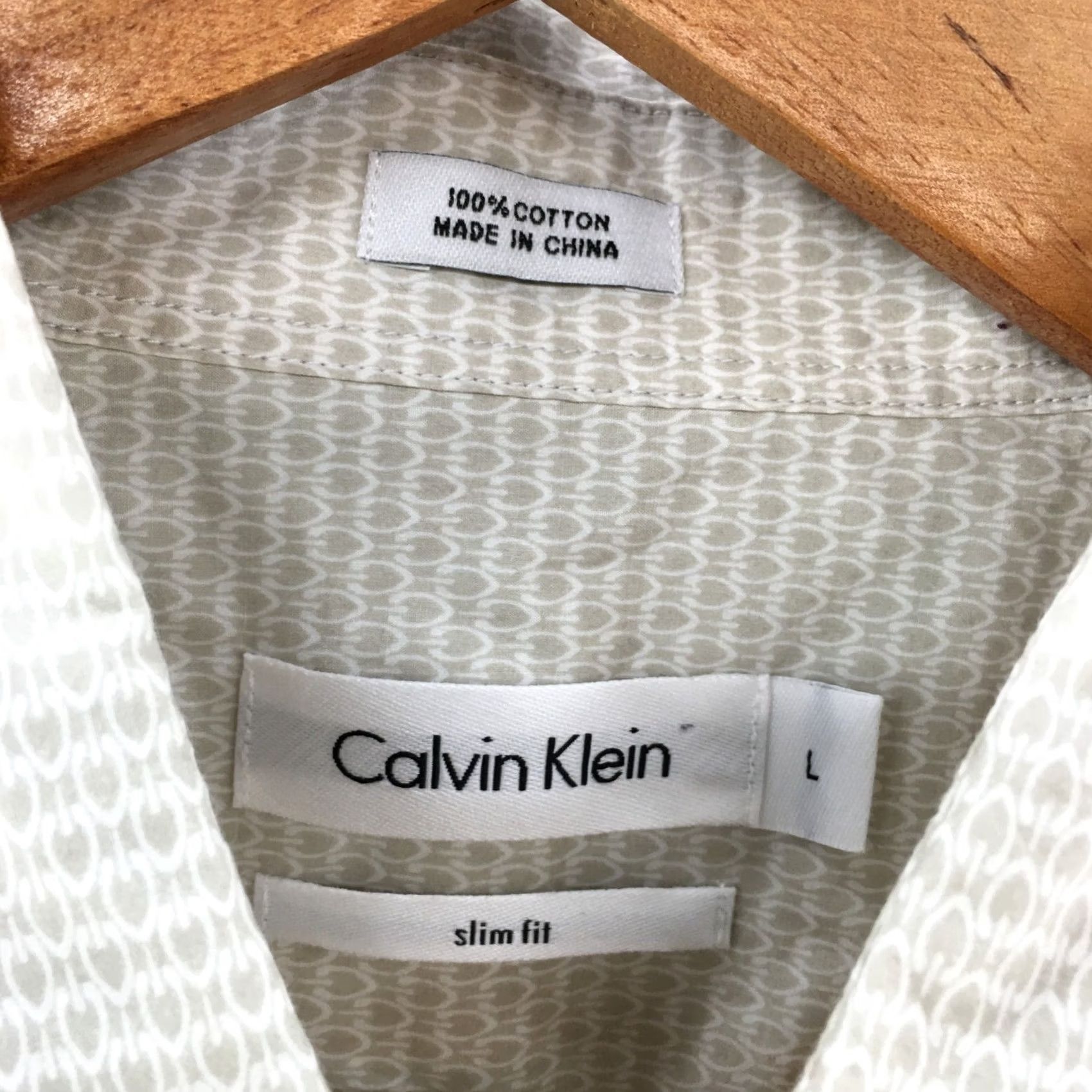 Calvin Klein Calvin Klein Dress Shirt Mens Large Beige Slim Fit Button Up Long Sleeve Cotton Size 42R - 6 Thumbnail