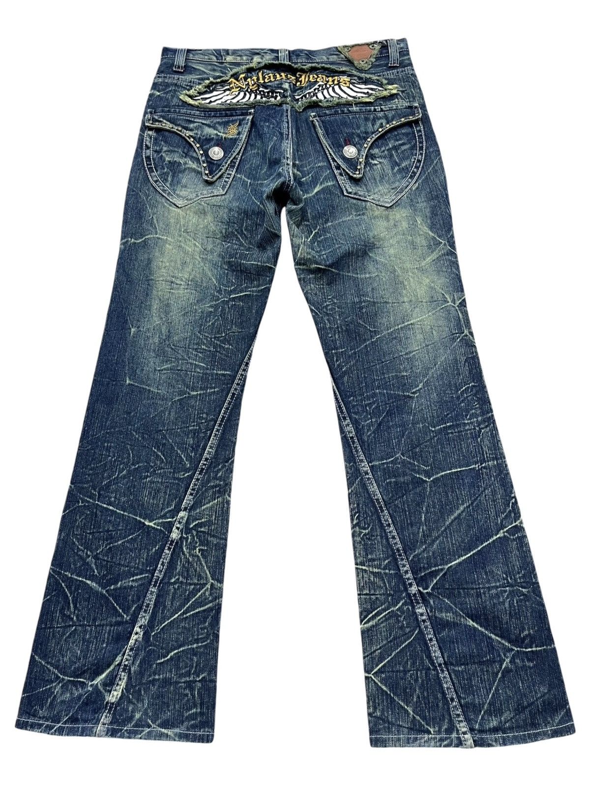 Japanese Brand 🔥NYLAUS Embroidery Winged Studded Long Flap Mudwash FLARE Size US 31 - 1 Thumbnail