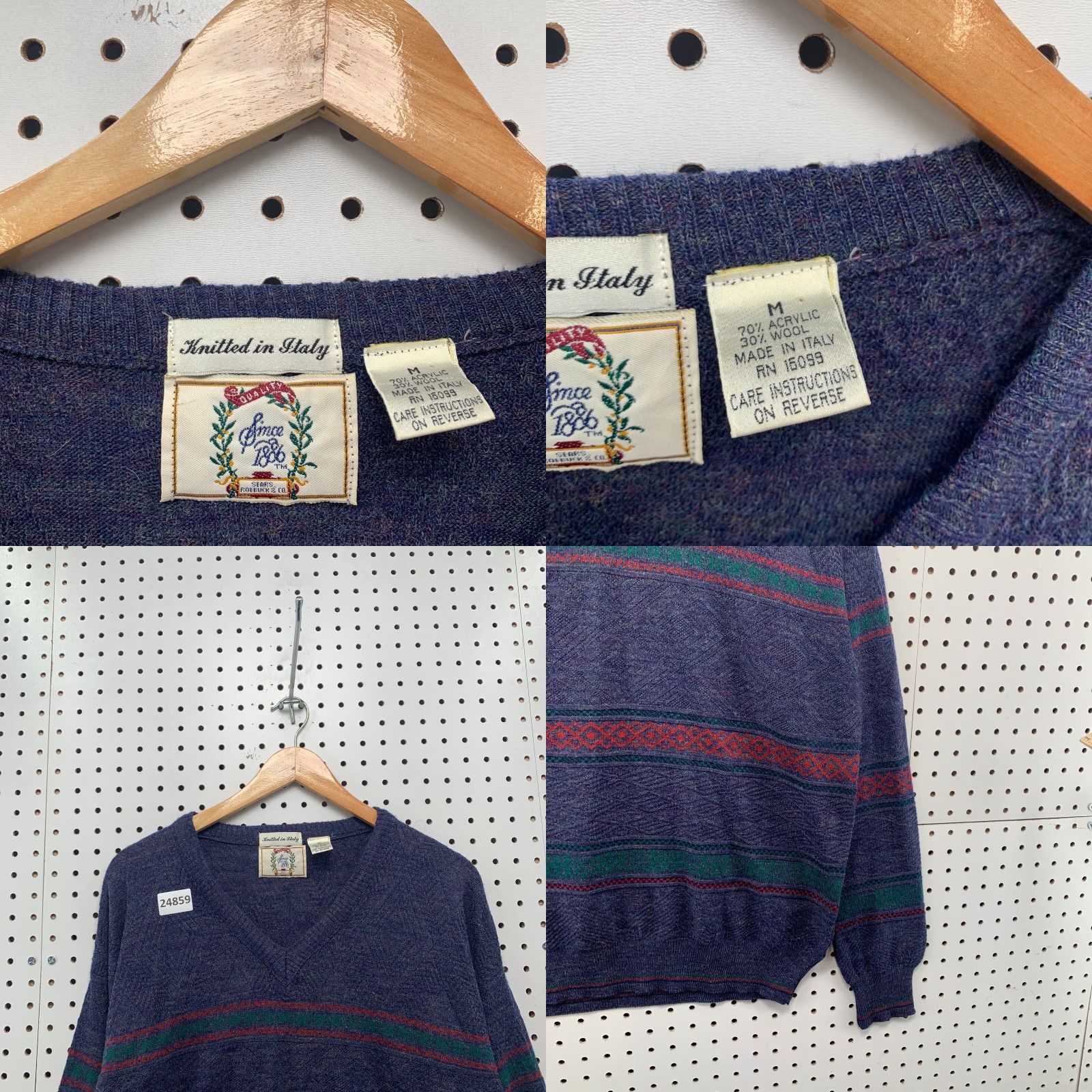 Sears VTG Sears Roebuck V-Neck Sweater Blue Wool Blend M Made in Italy 22x28.5 Striped 80s 90s Mens Sweater Size US M / EU 48-50 / 2 - 8 Thumbnail