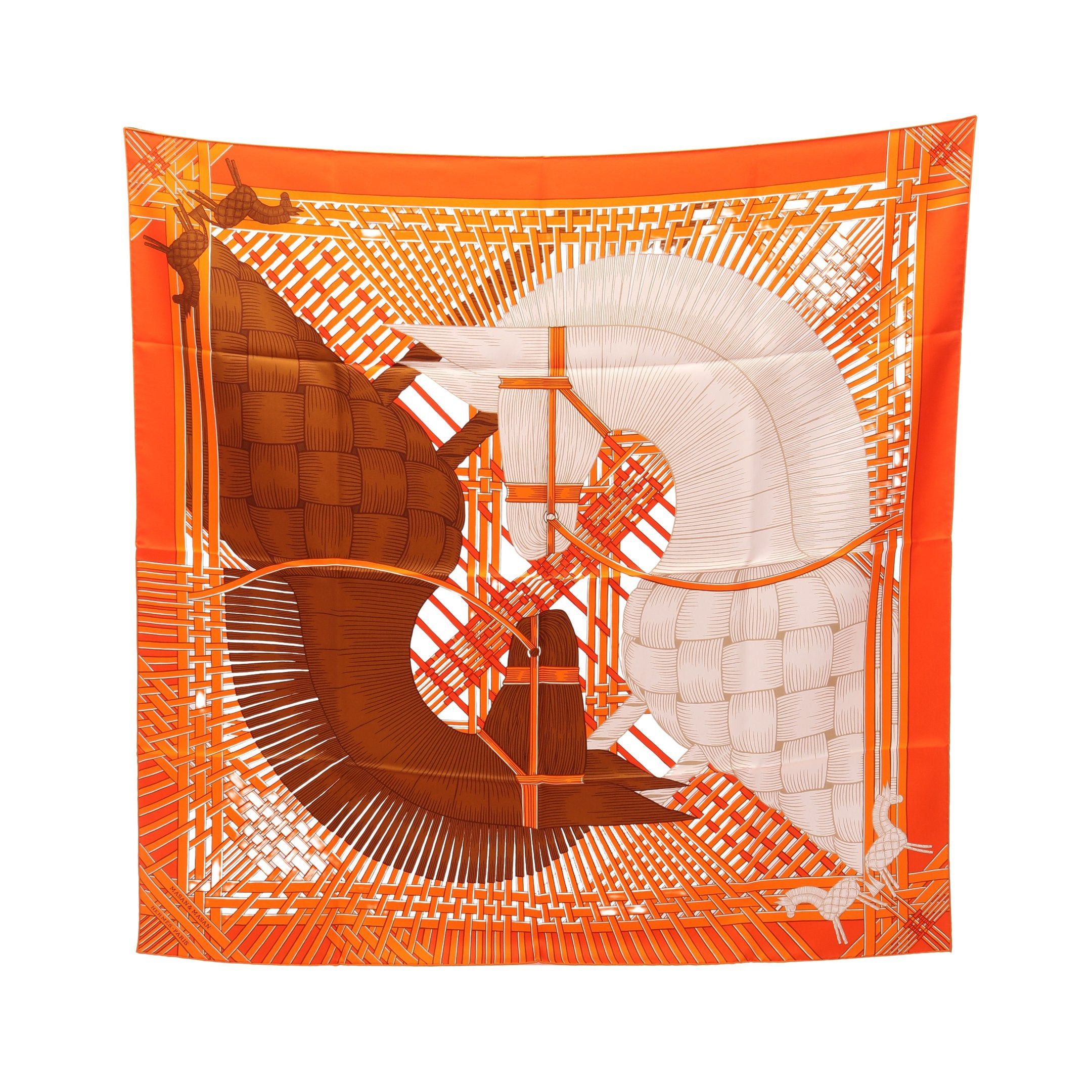 Hermes Hermes Carres 90 Masan&Masan Scarf Silk Orange Brown Ivory Size ONE SIZE - 1 Thumbnail
