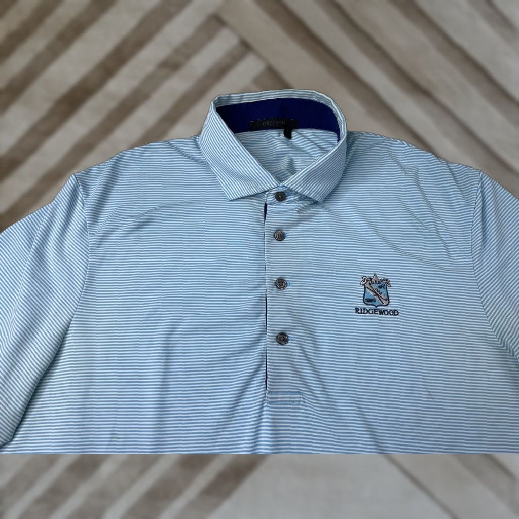 Vintage Greyson Polo Shirt Mens Large Performance Striped Stretch Ridgewood CC Shirt Men L Blue Polo Shirt Golf Breathable Lightweight Stretch Size US L / EU 52-54 / 3 - 1 Thumbnail