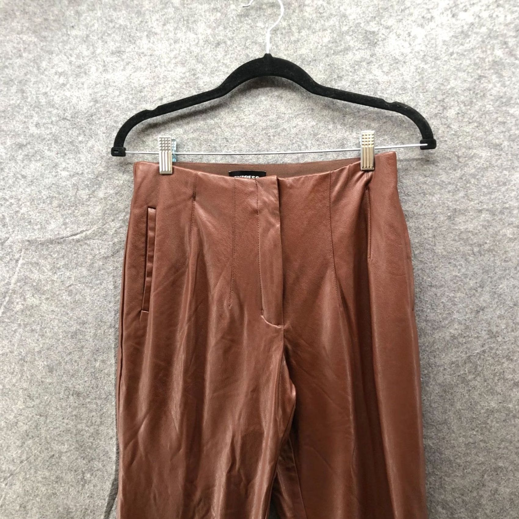 Express Express Faux Leather Tapered Leg Pants Womens 4L Long Brown High Waisted Pleated Tapered Leg Pants Size 27" / US 4 / IT 40 - 3 Thumbnail