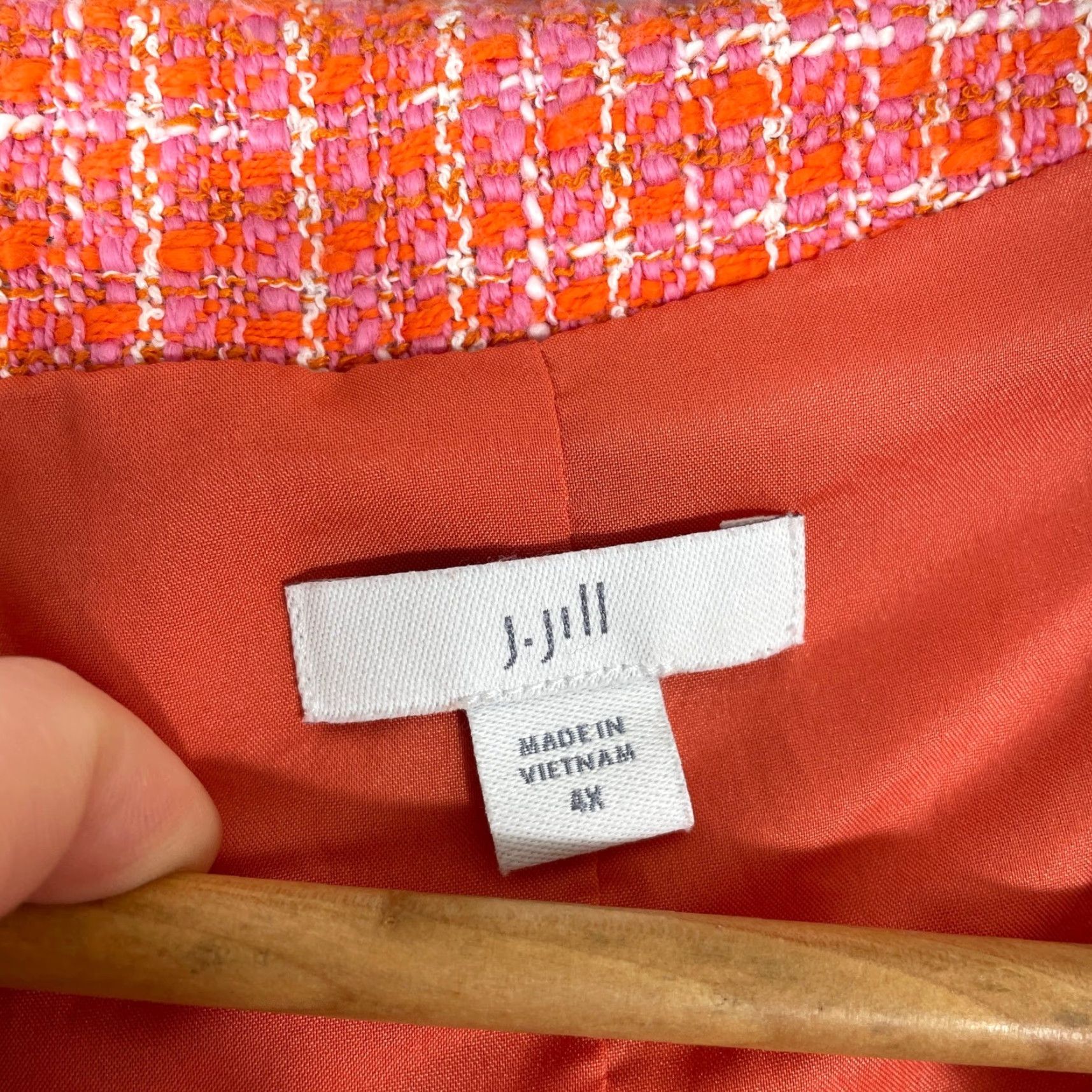 J. Jill VINTAGE J Jill Tweed Jacket Womens 4X Orange Pink Plaid Fringe Trim Button Front Coat Size XXL / US 16-18 / IT 52-54 - 3 Thumbnail
