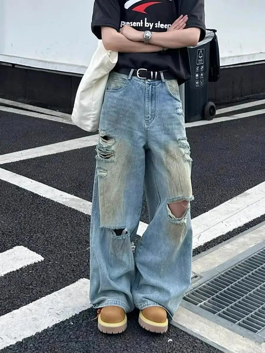 Japanese Brand Loose straight leg ripped jeans Size US 32 / EU 48 - 1 Thumbnail