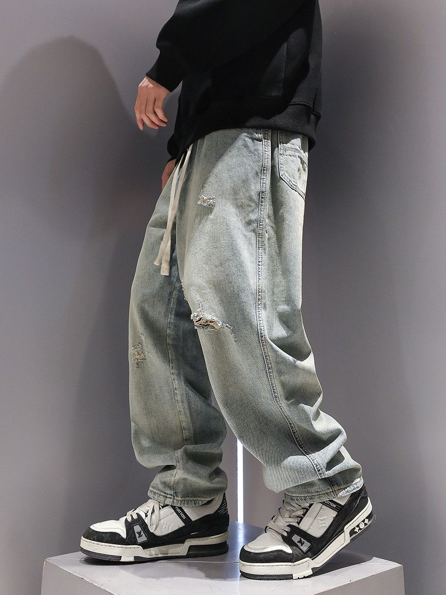 Japanese Brand Men's Japanese drawstring solid color ripped washed jeans Size US 32 / EU 48 - 4 Thumbnail