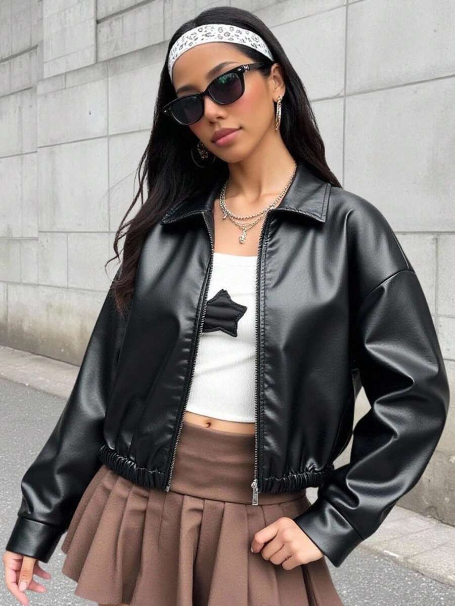 Other Women’s Black Cropped Faux Leather Jacket Size M / US 6-8 / IT 42-44 - 5 Thumbnail