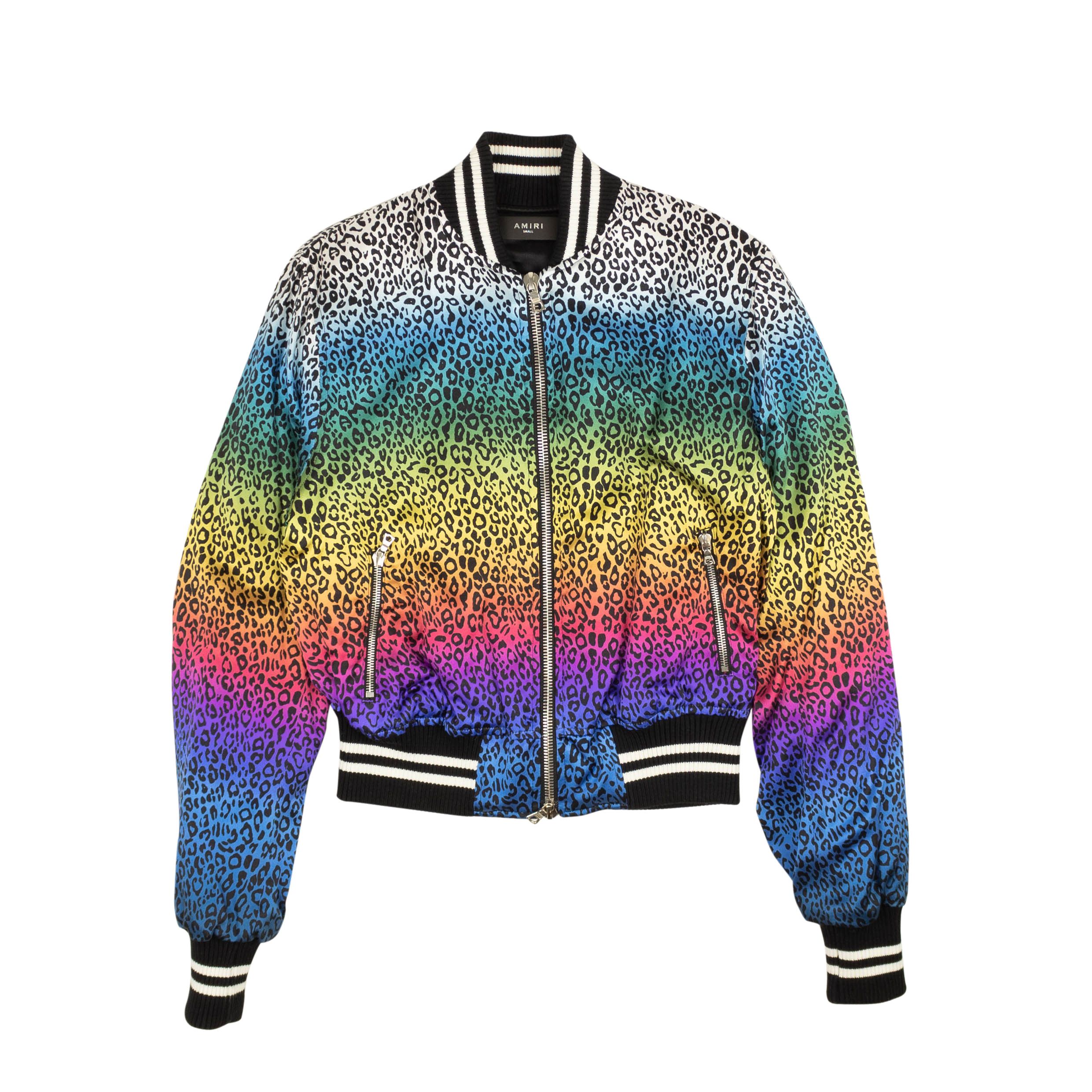 Image of Amiri Black Silk Rainbow Leopard Bomber Size S, Women's