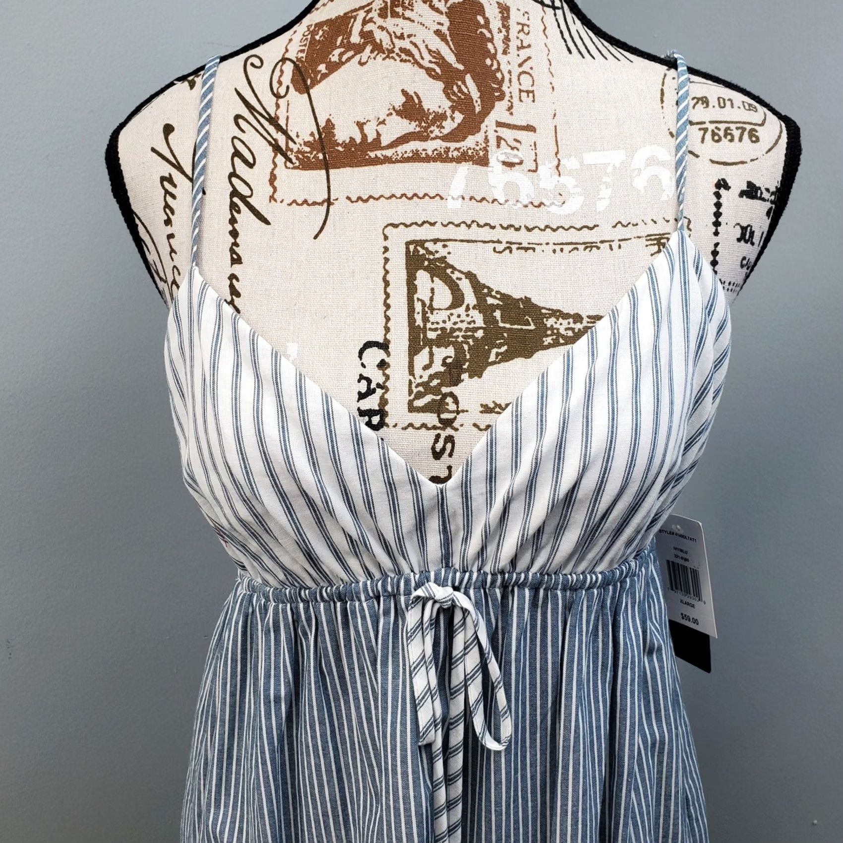 Vintage City Triangles Aruba Mini Dress Womens XL Blue White Striped Spaghetti Straps Size XL / US 12-14 / IT 48-50 - 6 Thumbnail