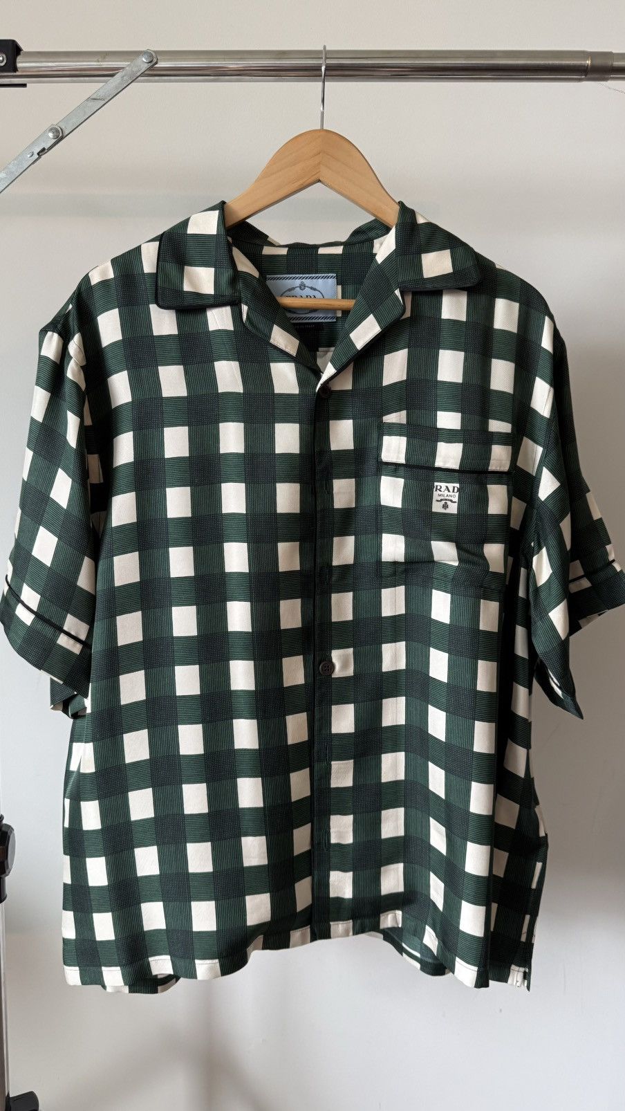 Prada Prada Mens Silk Checkered Short Sleeve Shirt Size US L / EU 52-54 / 3 - 9 Thumbnail