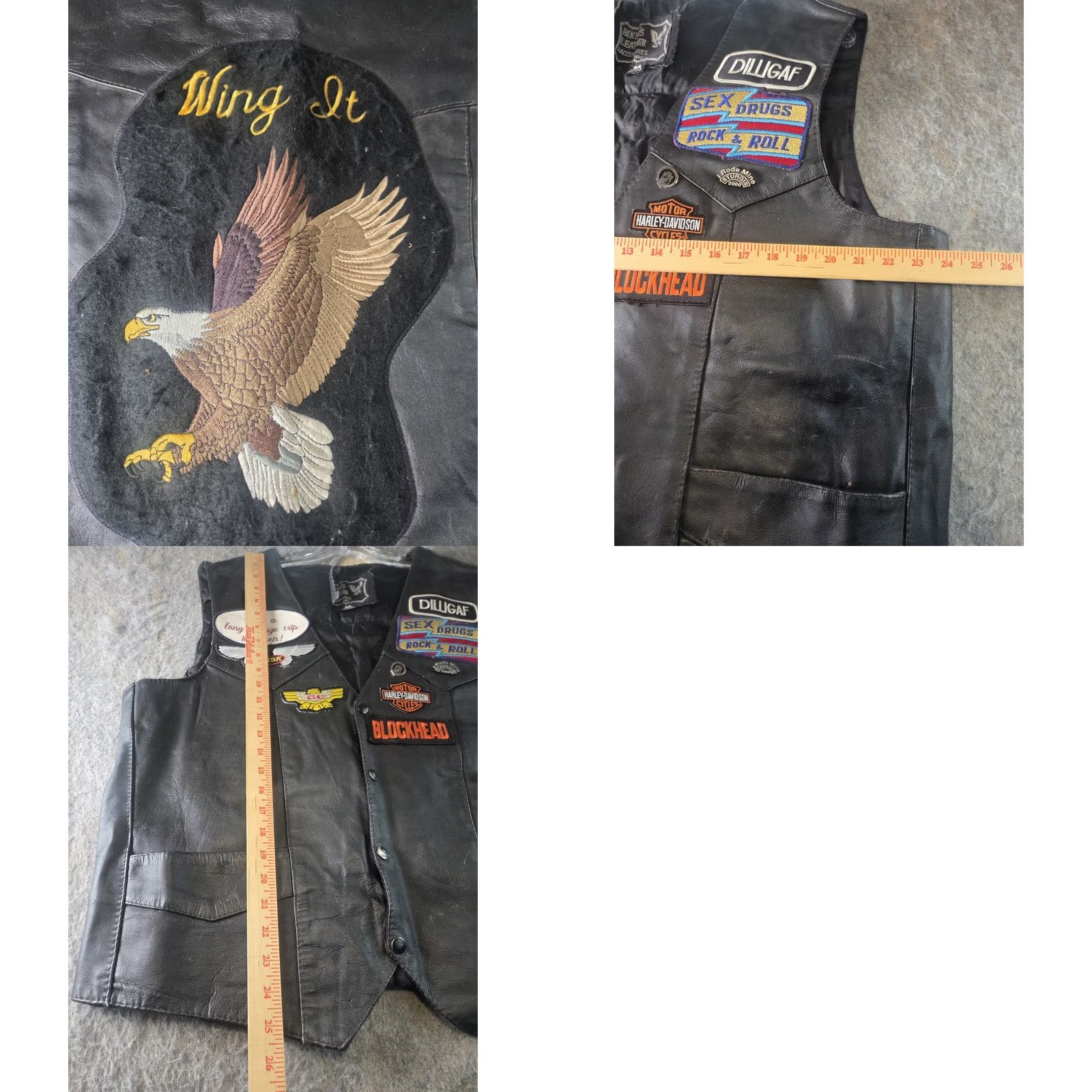 Vintage Black Leather Women's Vest XL Patches And Pins Distressed Motorcycle Jacket Biker, Classic, Steampunk - XS Size XL / US 12-14 / IT 48-50 - 8 Thumbnail