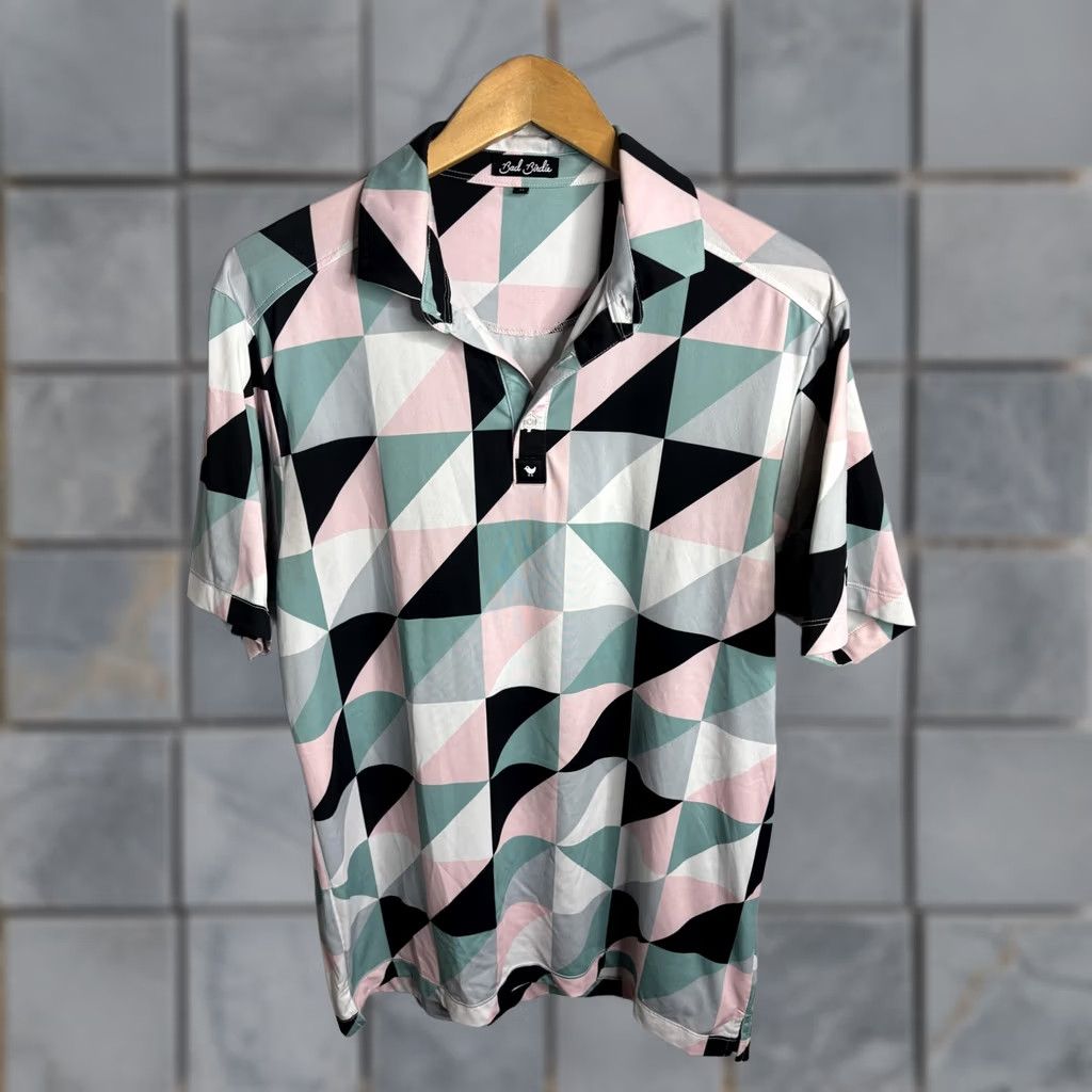Vintage Bad Birdie Polo Shirt Mens M Pink Green Black Geometric Golf Allover Print Size US M / EU 48-50 / 2 - 1 Thumbnail