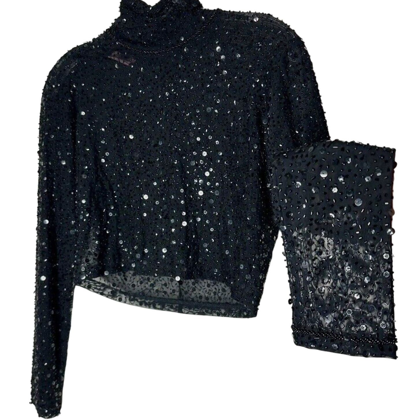 Other Dyspnea Sheer Black Sequin Mesh Long Sleeve Crop Top Small Size S / US 4 / IT 40 - 1 Thumbnail