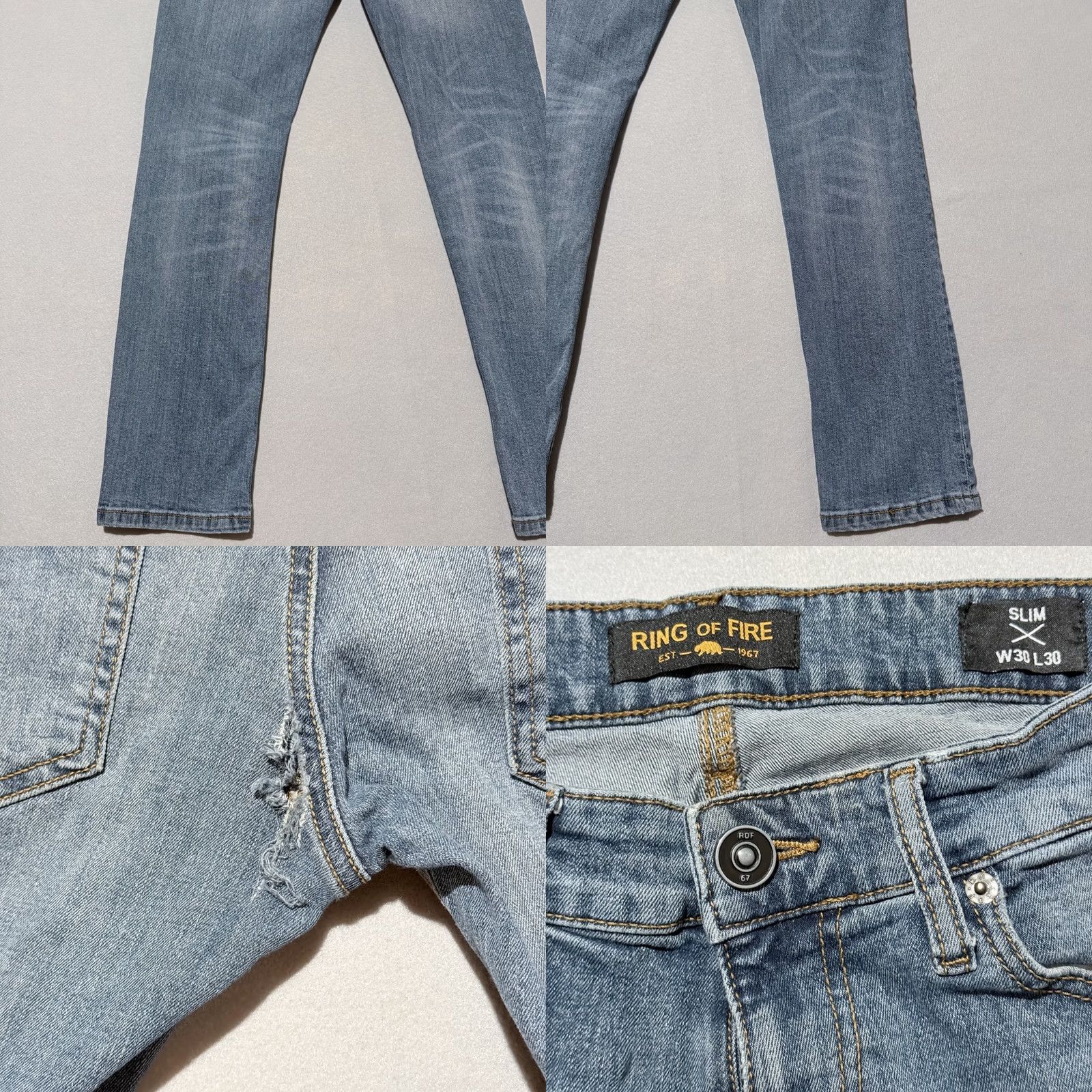 Ring Of Fire Ring of Fire Slim-Fit Jeans Men Blue Denim Zip-Fly Distressed Stretch - 30x30 Jeans Size US 30 / EU 46 - 8 Thumbnail
