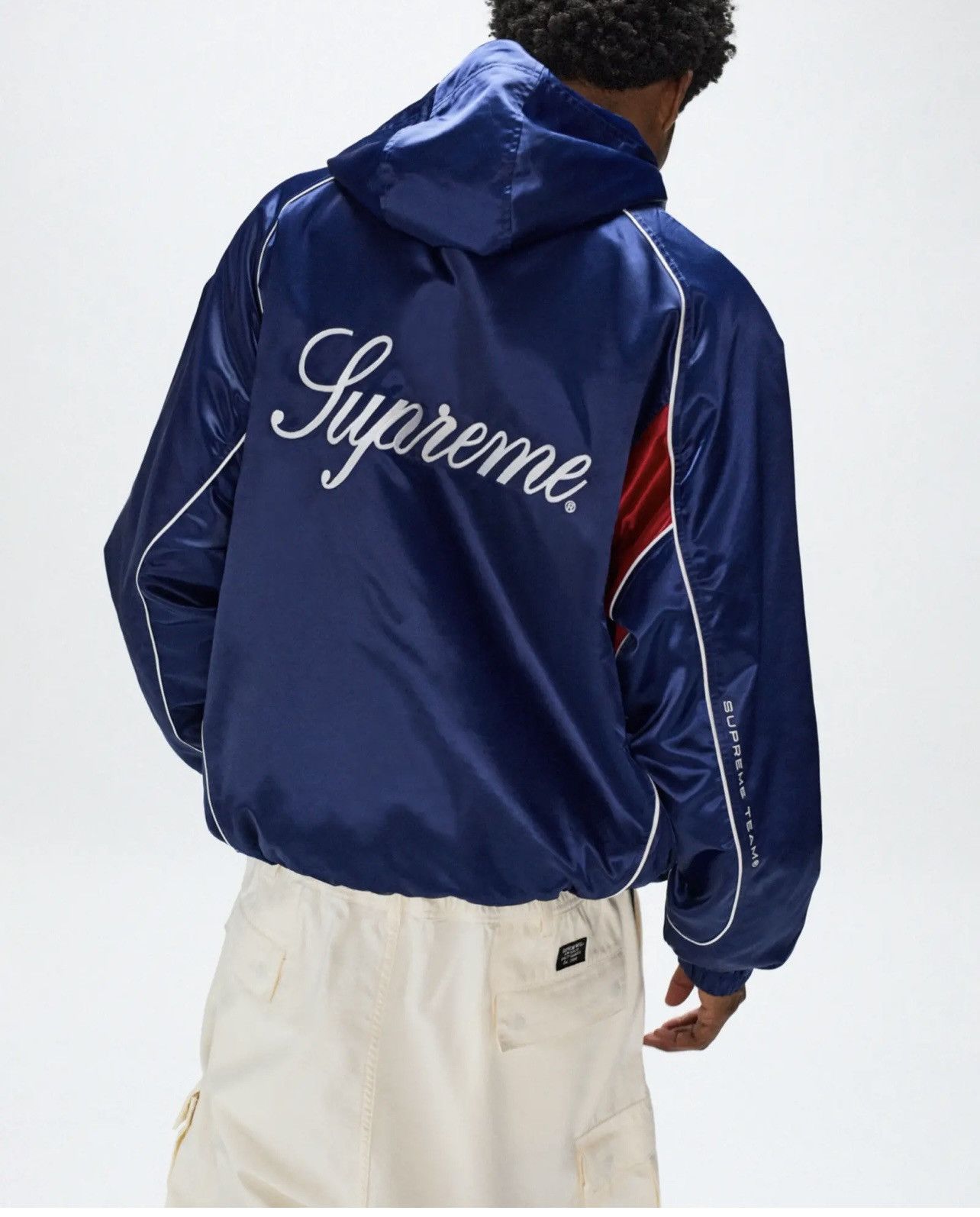 image of Supreme Satin Hooded Track Jacket in Navy, Men's (Size XL)