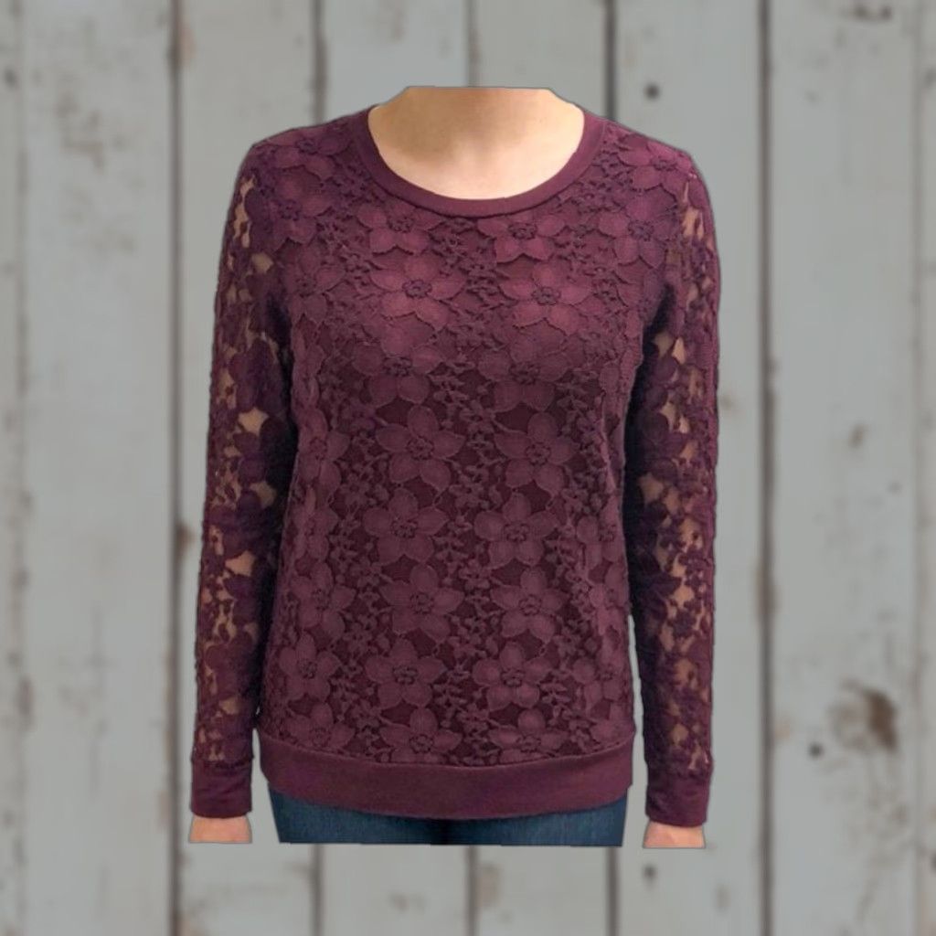 Adrianna Papell Adrianna Papell Womens Lace Sweater Merlot S Pullover Long Sleeve Ladies Size S Size S / US 4 / IT 40 - 1 Thumbnail