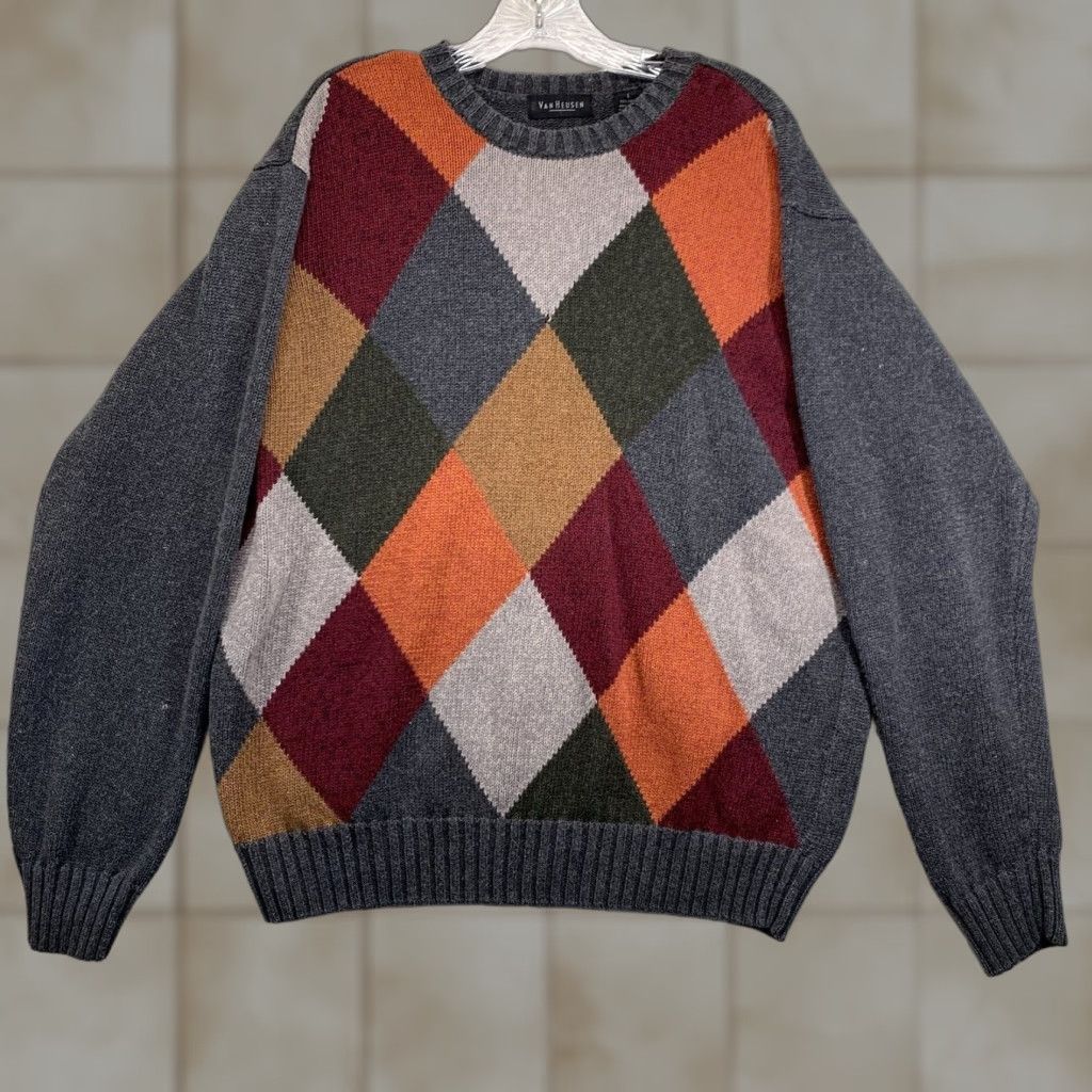 Van Heusen Van Heusen Argyle Sweater Large Gray Multi Color Long Sleeve Crew Neck Mens Size US L / EU 52-54 / 3 - 1 Thumbnail
