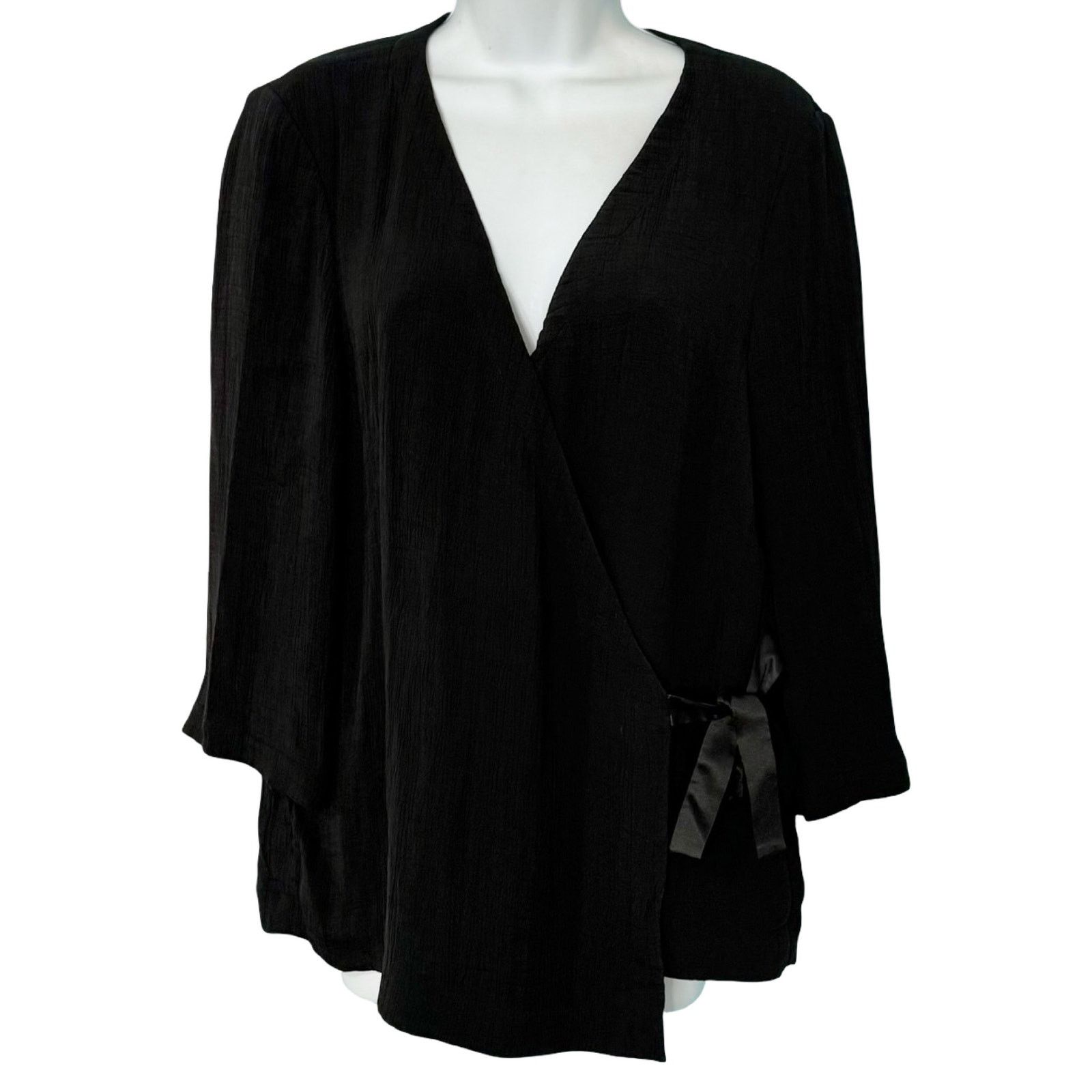 Eileen Fisher Black Silk Blend Kimono 3/4 Sleeve Wrap Top L