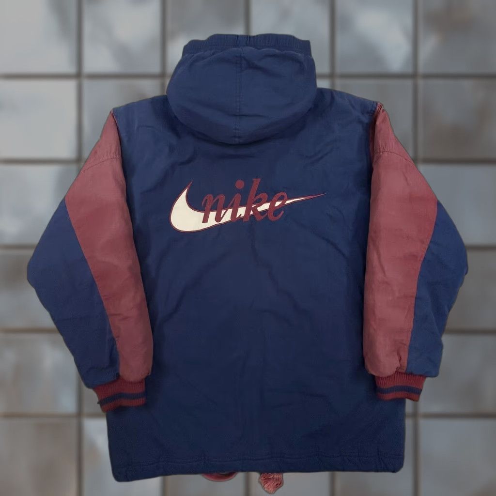 Nike VINTAGE Nike Jacket Mens S Hooded Quilted Parka Zip Swoosh 80s USA Navy Blue Burgundy Lining Pockets Cold-Weather Casual Size US S / EU 44-46 / 1 - 1 Thumbnail