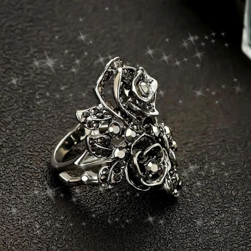 Designer 28mm Vintage Black Rose Ethnic Antique Silver Ring - Size 6 Size ONE SIZE - 5 Thumbnail