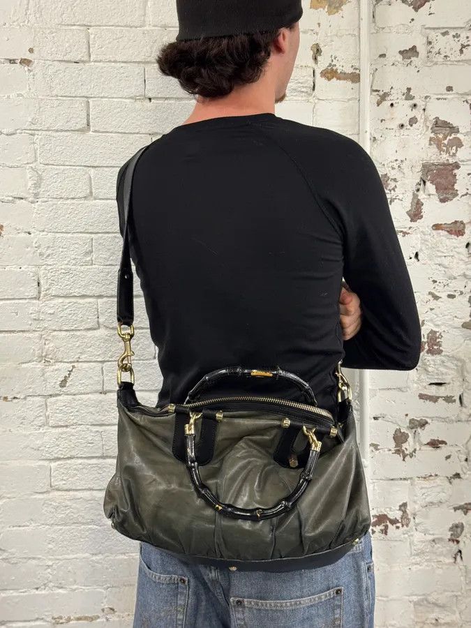 Gucci 2000s Gucci Dark Green & Black Eroded Bamboo Handle Bag Size ONE SIZE - 2 Thumbnail