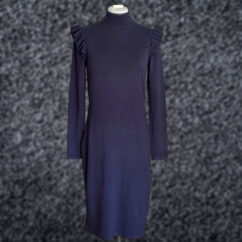 Michael Kors Michael Kors Navy Blue Ruffle Shoulder Sheath Viscose Blend Knit Dress Size S Size S / US 4 / IT 40 - 1 Thumbnail