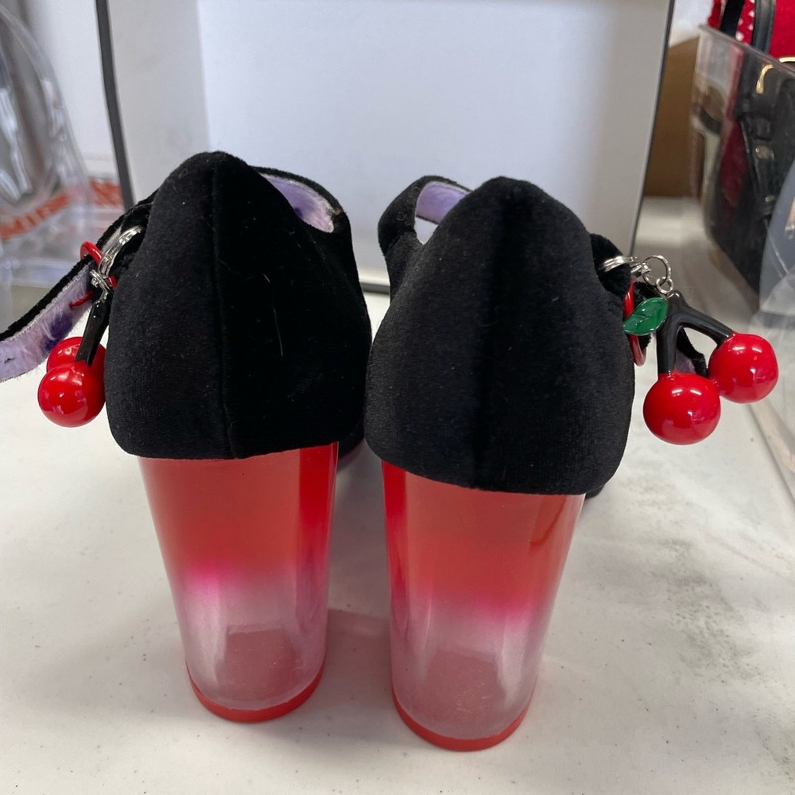 Frankie Morello Black velvet red cherries lucite heels women’s Shoe size 7 Size US 7 / IT 37 - 3 Thumbnail