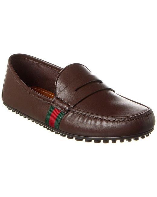 image of Gucci Web Leather Men Loafers In Brown Size 6