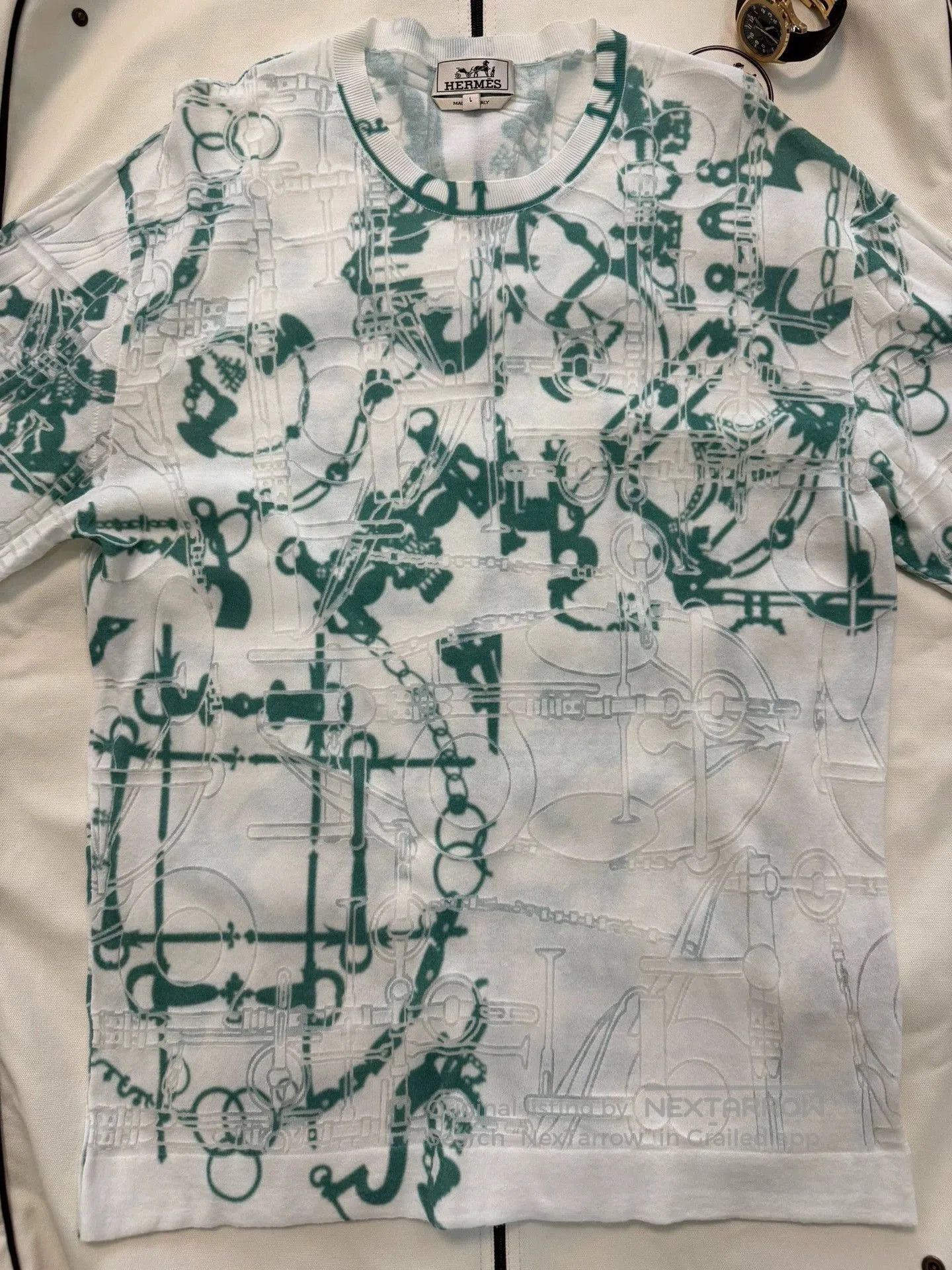 Hermes White Short-Sleeve Shirt with Green Abstract Print. Size US L / EU 52-54 / 3 - 2 Thumbnail
