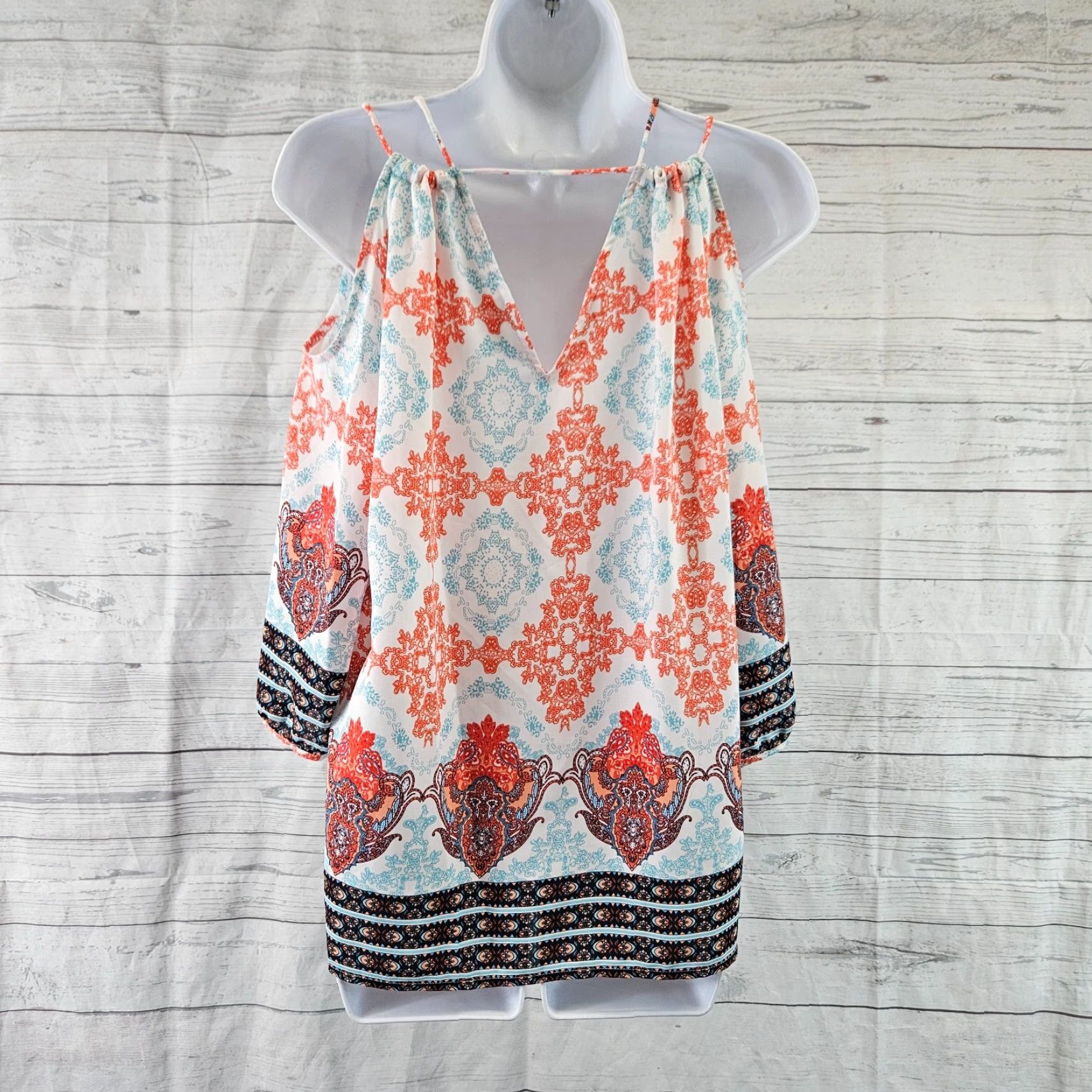 Vintage Skies Are Blue Womens Cold Shoulder Top Sz Small Blue Red V-Neck 3/4 Sleeve Size S / US 4 / IT 40 - 4 Thumbnail