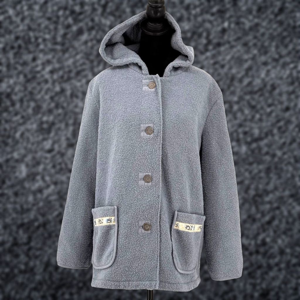 Vintage VINTAGE Boucle Jacket Womens L Hooded Embroidered Pockets Button Grandma Granny Gray Polyester Nylon Pea Coat 90s? (Note: remove invalid) Size L / US 10 / IT 46 - 1 Thumbnail