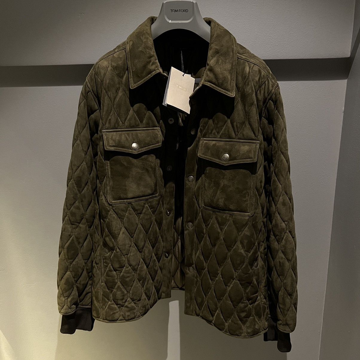 image of Tom Ford Quilted Suede Jacket In Large in Olive, Men's