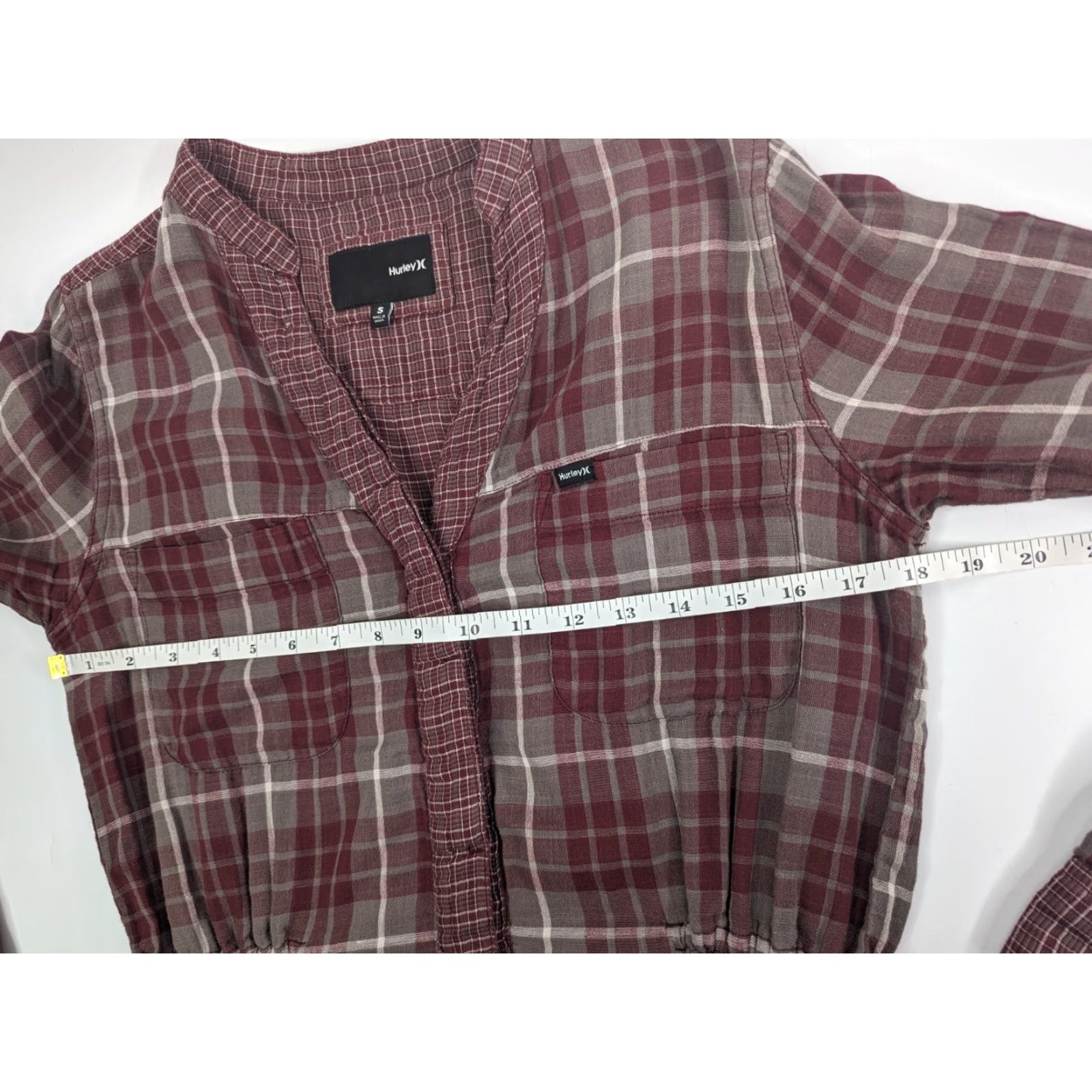 Hurley Hurley Dress Plaid Maroon Small w/Elbow Patches V-Neck Tunic Button Pockets Size S / US 4 / IT 40 - 6 Thumbnail