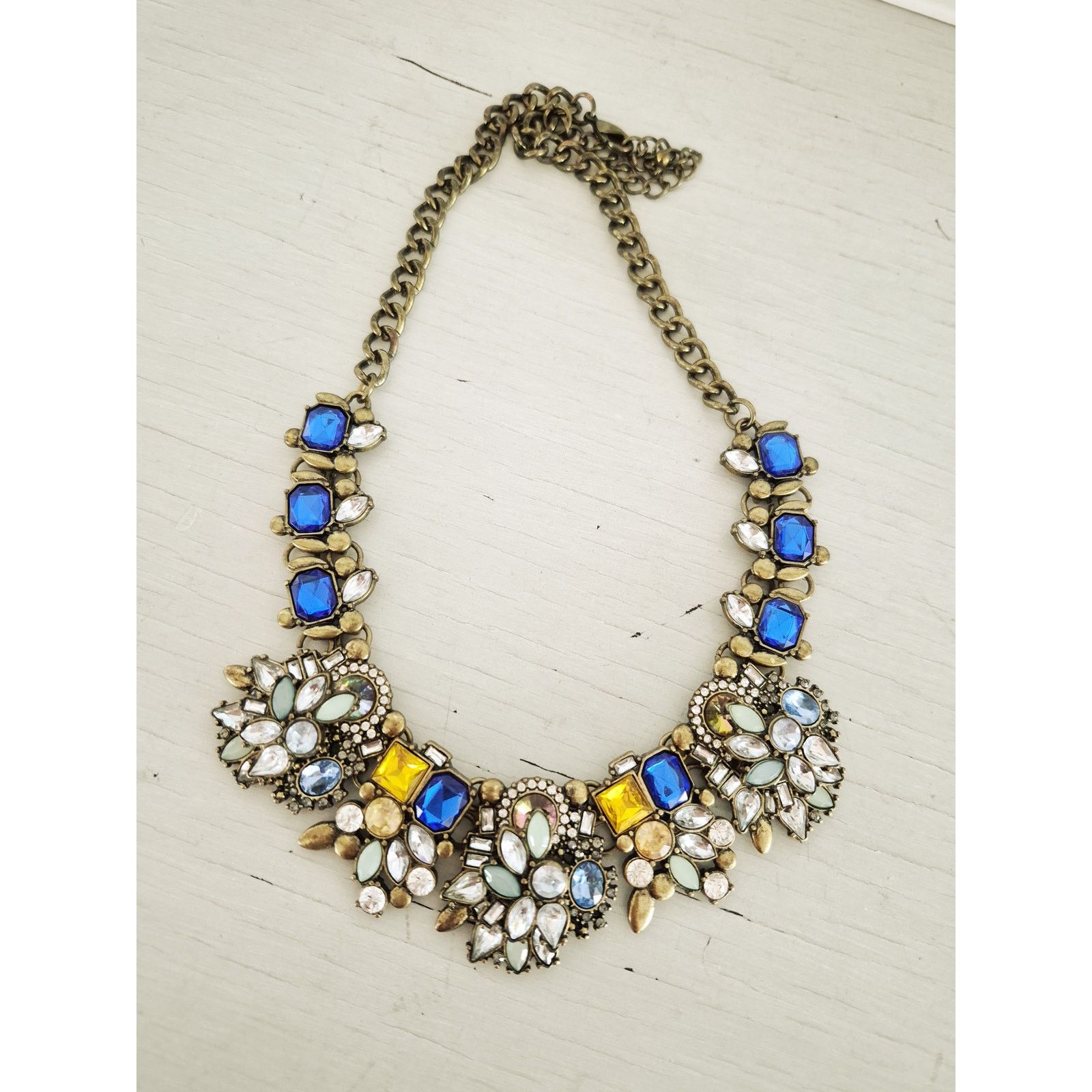 Other Vintage Blue White and Yellow Rhinestone Statement Necklace Size ONE SIZE - 1 Thumbnail
