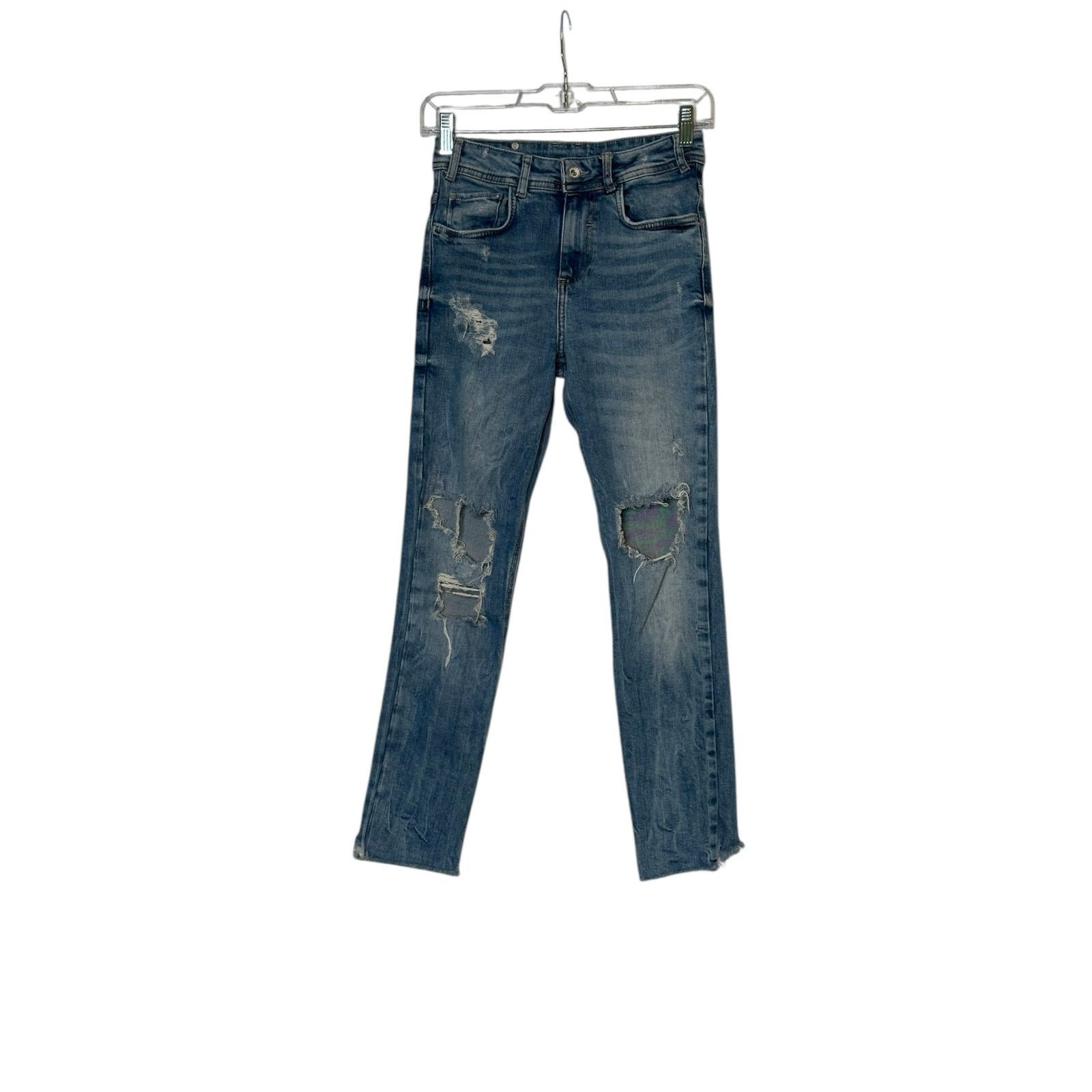 Zara Trafaluc Denimwear blue distressed straight leg jeans size 4 Size 27" / US 4 / IT 40 - 8 Thumbnail