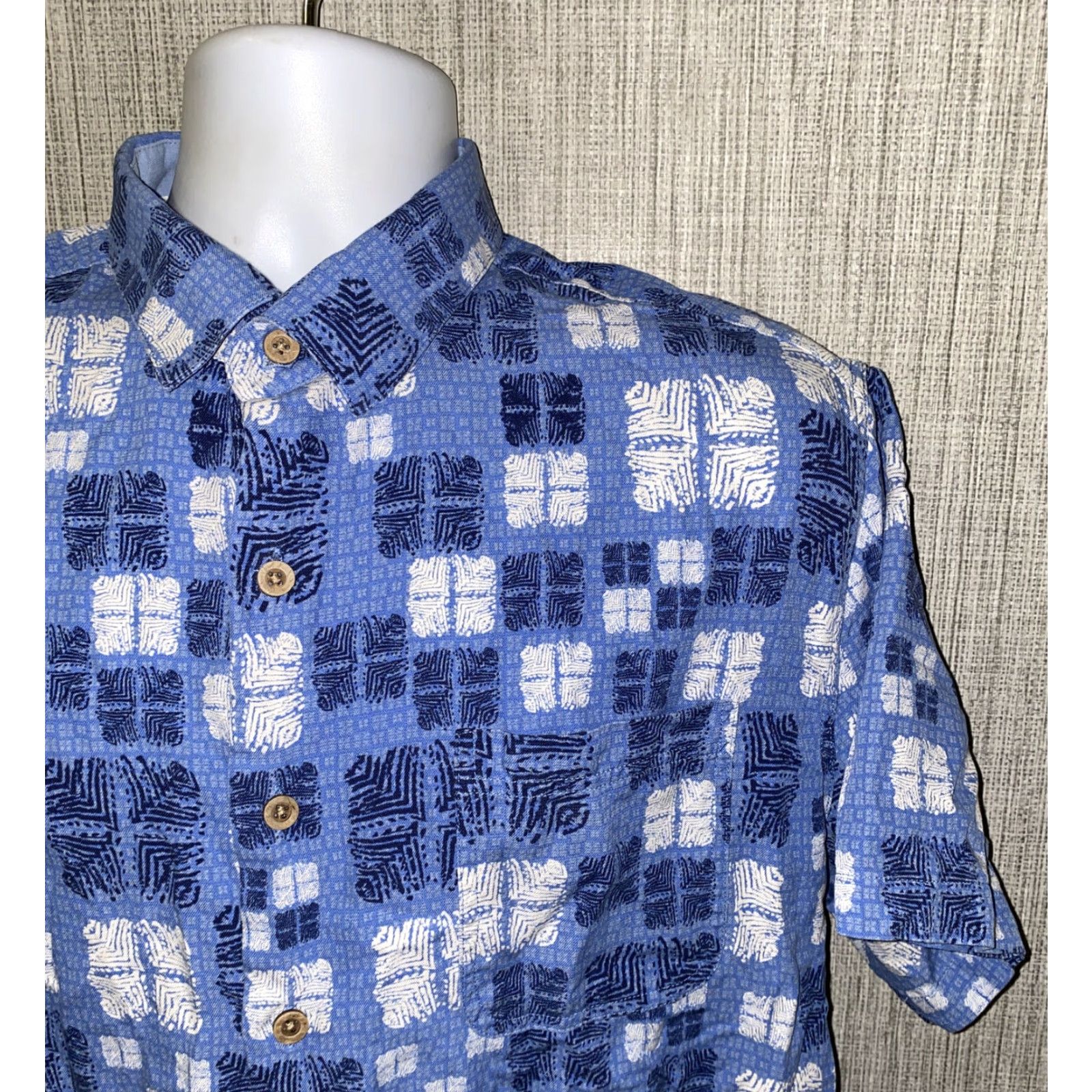 Nat Nast Nat Nast Mens Blue/White Short Sleeve Shirt L Silk/Cotton Geometric Button-Up Collared Regular Modern Colorful Shirt Size US L / EU 52-54 / 3 - 2 Thumbnail