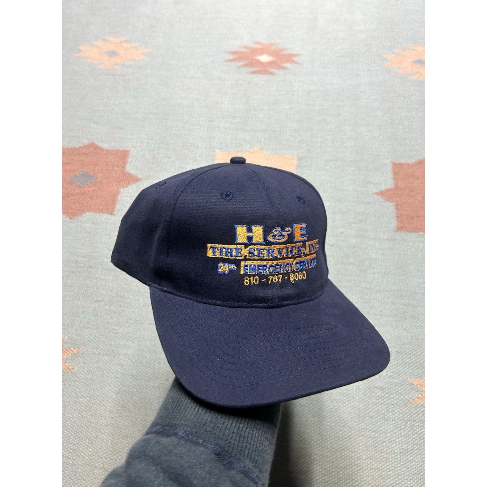 Vintage VINTAGE SnapBack Hat Cap H&E Tire Service Navy Blue Adjustable Car Mechanic Mens Adjustable Size ONE SIZE - 2 Thumbnail