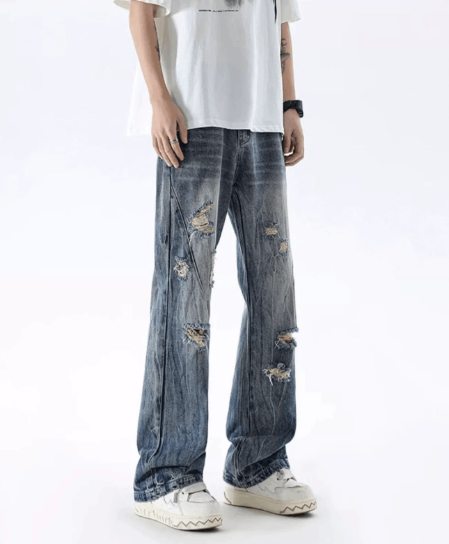 Jean Street men's heavy washed distressed ripped flared jeans Size US 32 / EU 48 - 3 Thumbnail