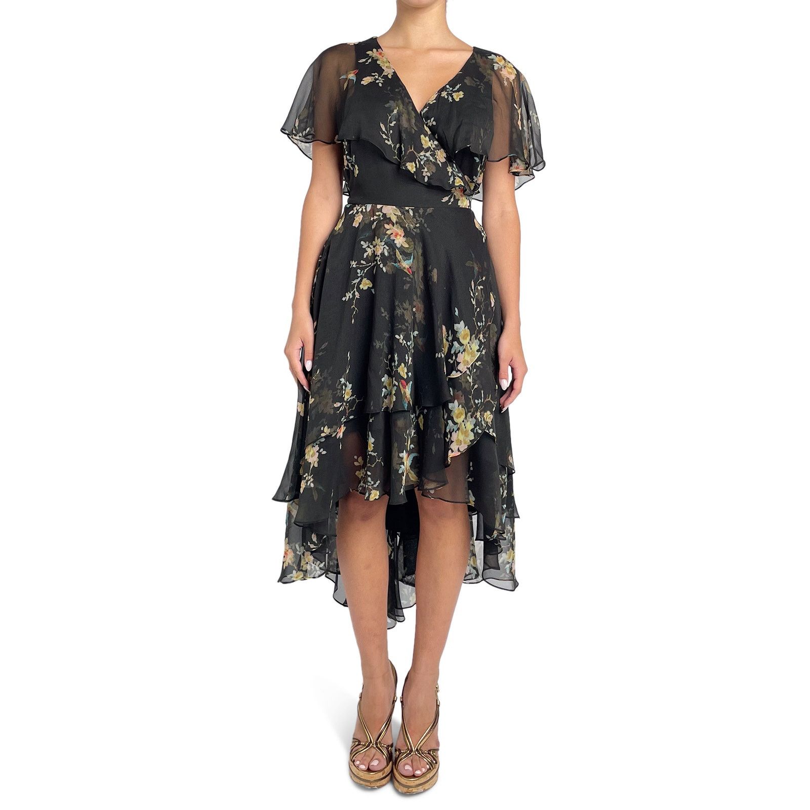 Zimmermann Black with Floral Midi Wrap Dress Size S / US 4 / IT 40 - 1 Thumbnail