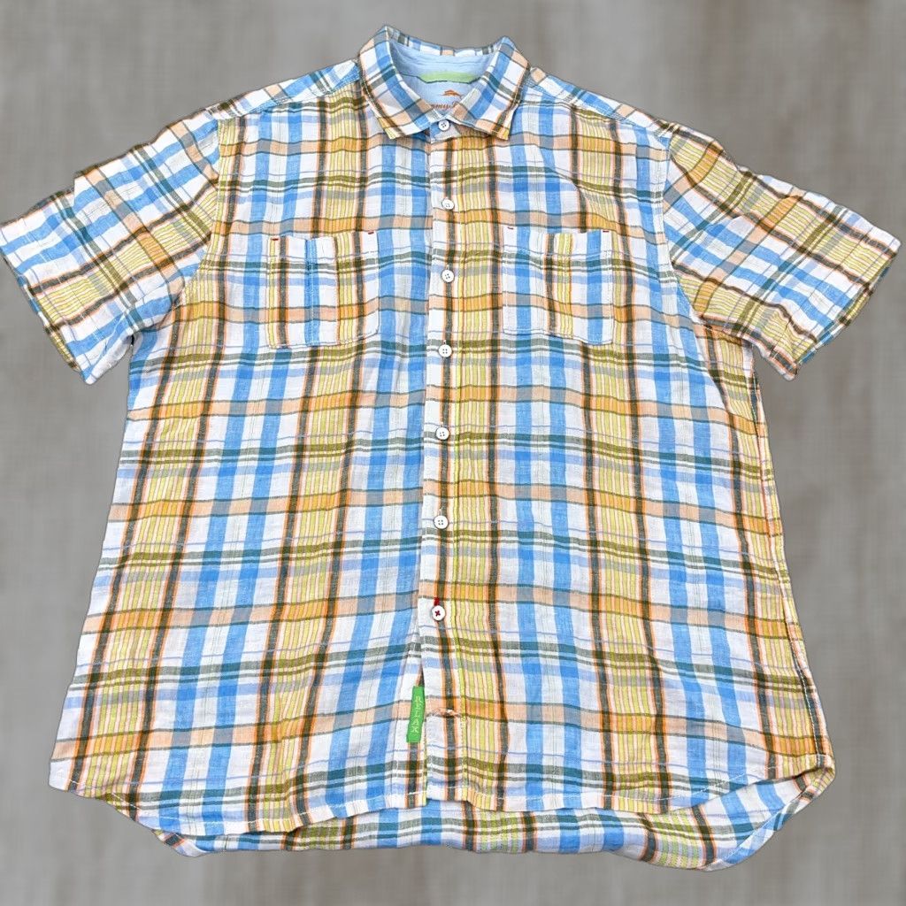 Tommy Bahama Tommy Bahama Shirt Men Medium Blue Orange Plaid Linen Button Up Camp Adult Shirt Size US M / EU 48-50 / 2 - 1 Thumbnail