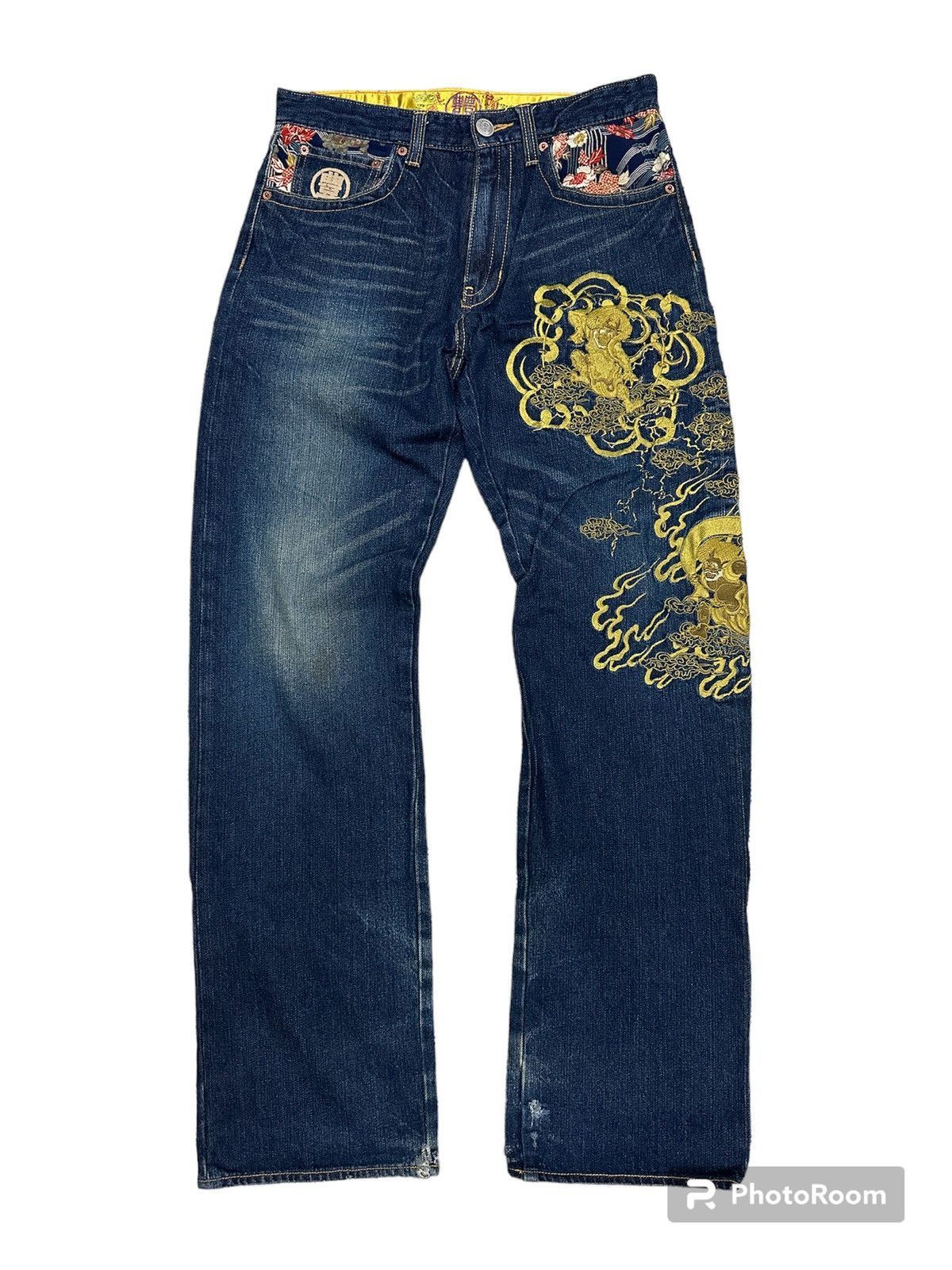 image of 14Th Addiction x Le Grande Bleu L G B Buden Sukajan Embroidery Regular Denim Jeans Pants (Size 31)