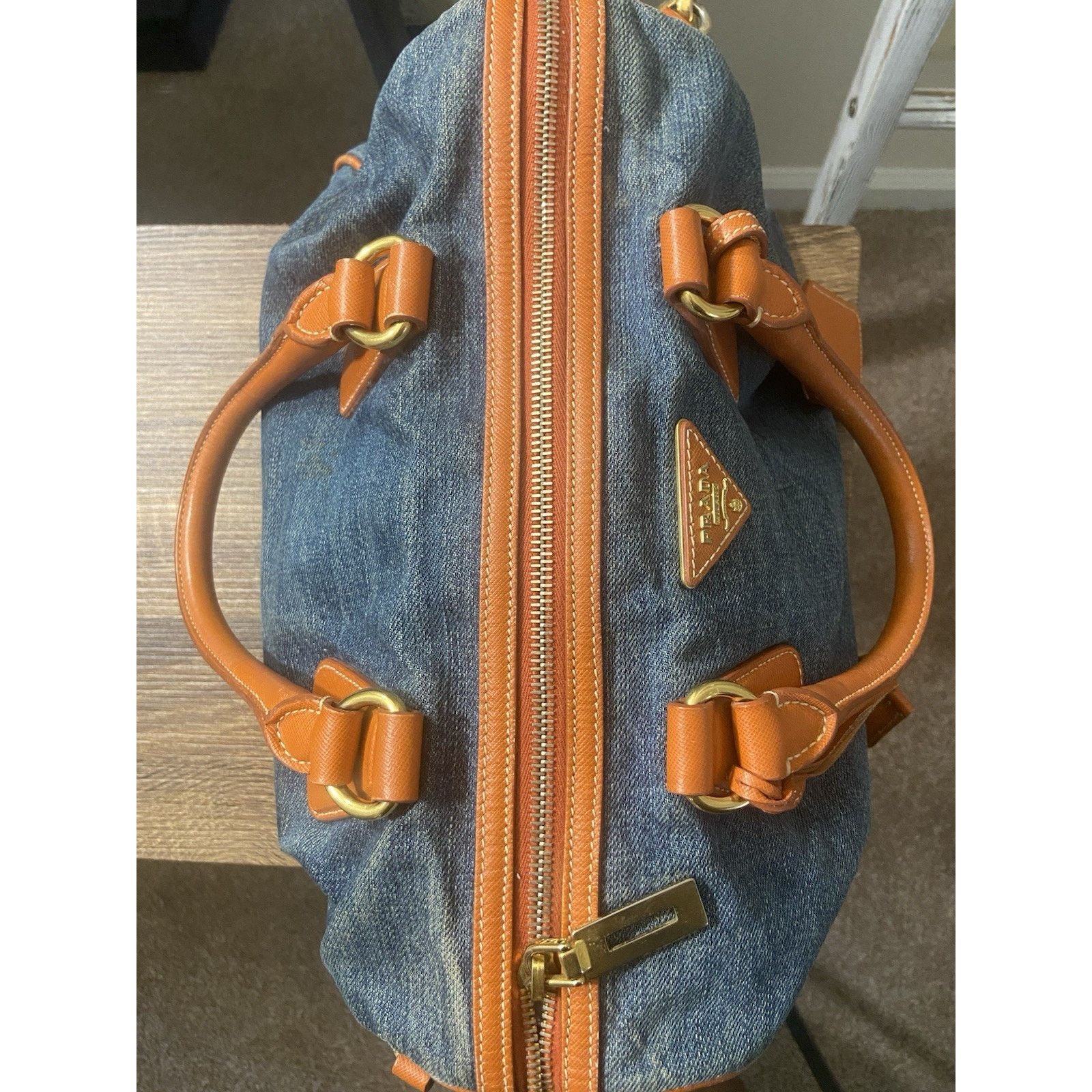 Prada Prada Bauletto blue denim orange saffiano 2way handbag, good Size ONE SIZE - 14 Thumbnail