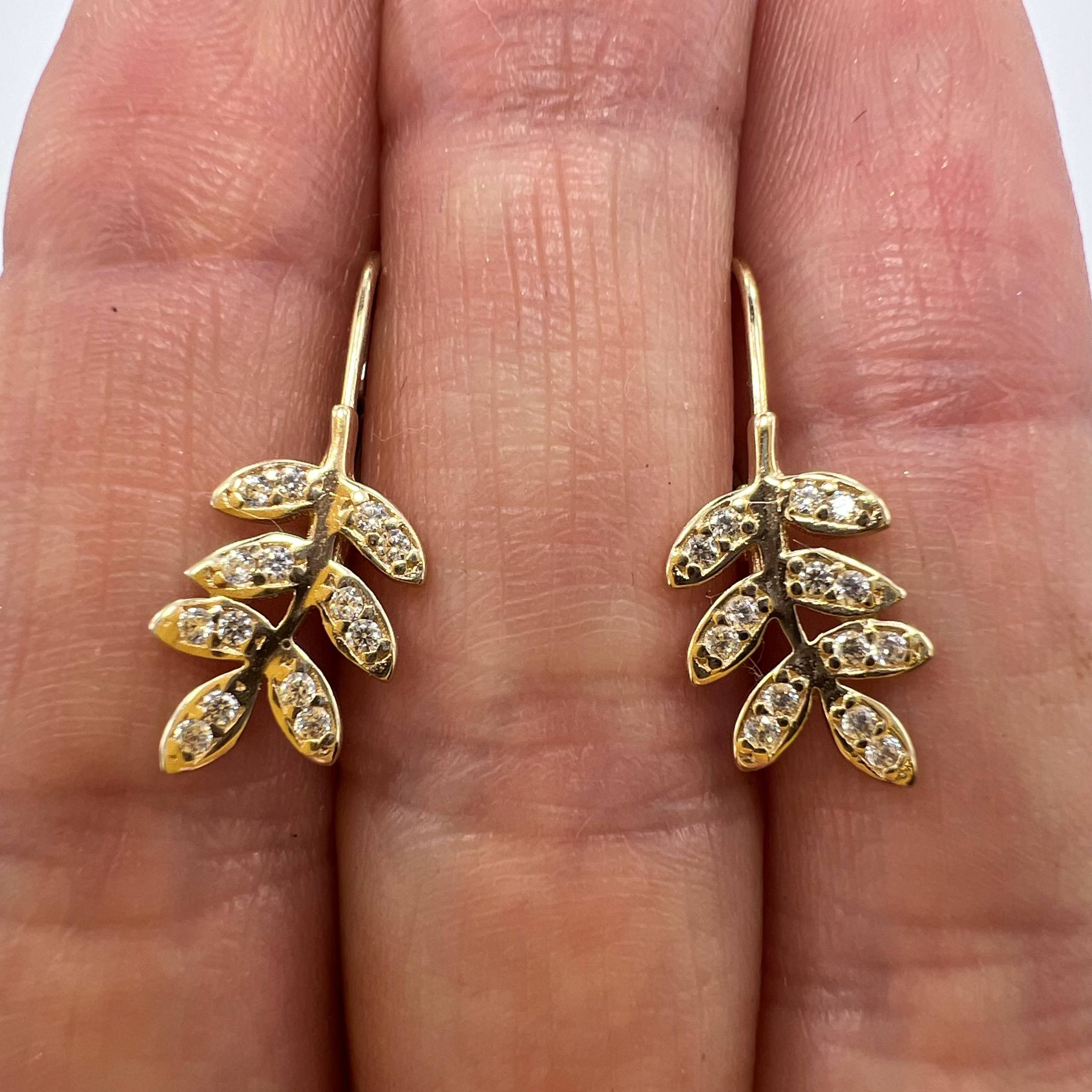 Other 14K Solid Gold Leaf Branch Earrings with CZ Stones Italy 2g Size ONE SIZE - 2 Thumbnail