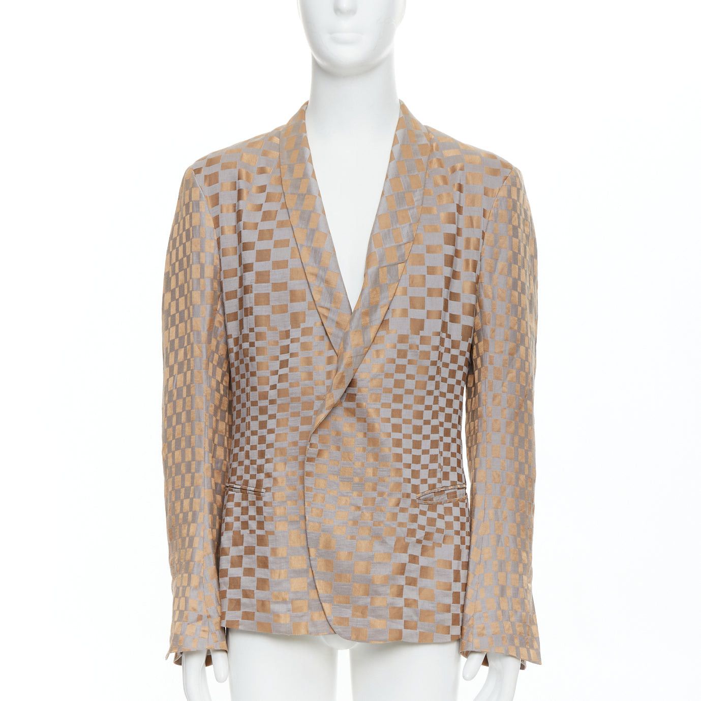 Haider Ackermann rare HAIDER ACKERMANN 2015 Runway gold silver checkered linen silk blazer XL Size 52R - 1 Thumbnail