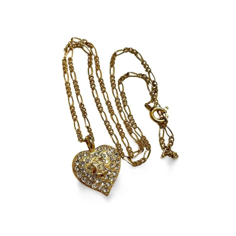 image of Celine Vintage Golden Heart And Logo With Crystal Pendant Top Skinny Chain Necklace, Women's