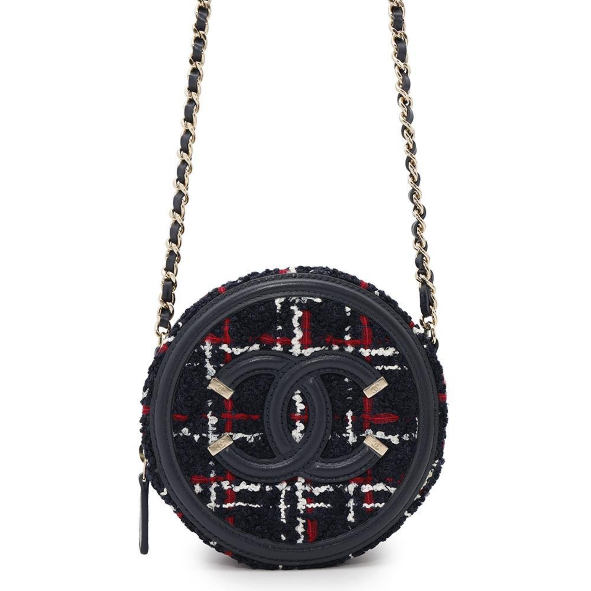 Chanel Chain Shoulder Bag Coco Mark Cc Filigree Round Tweed Ap0365 Chanel White in Blue, Women's