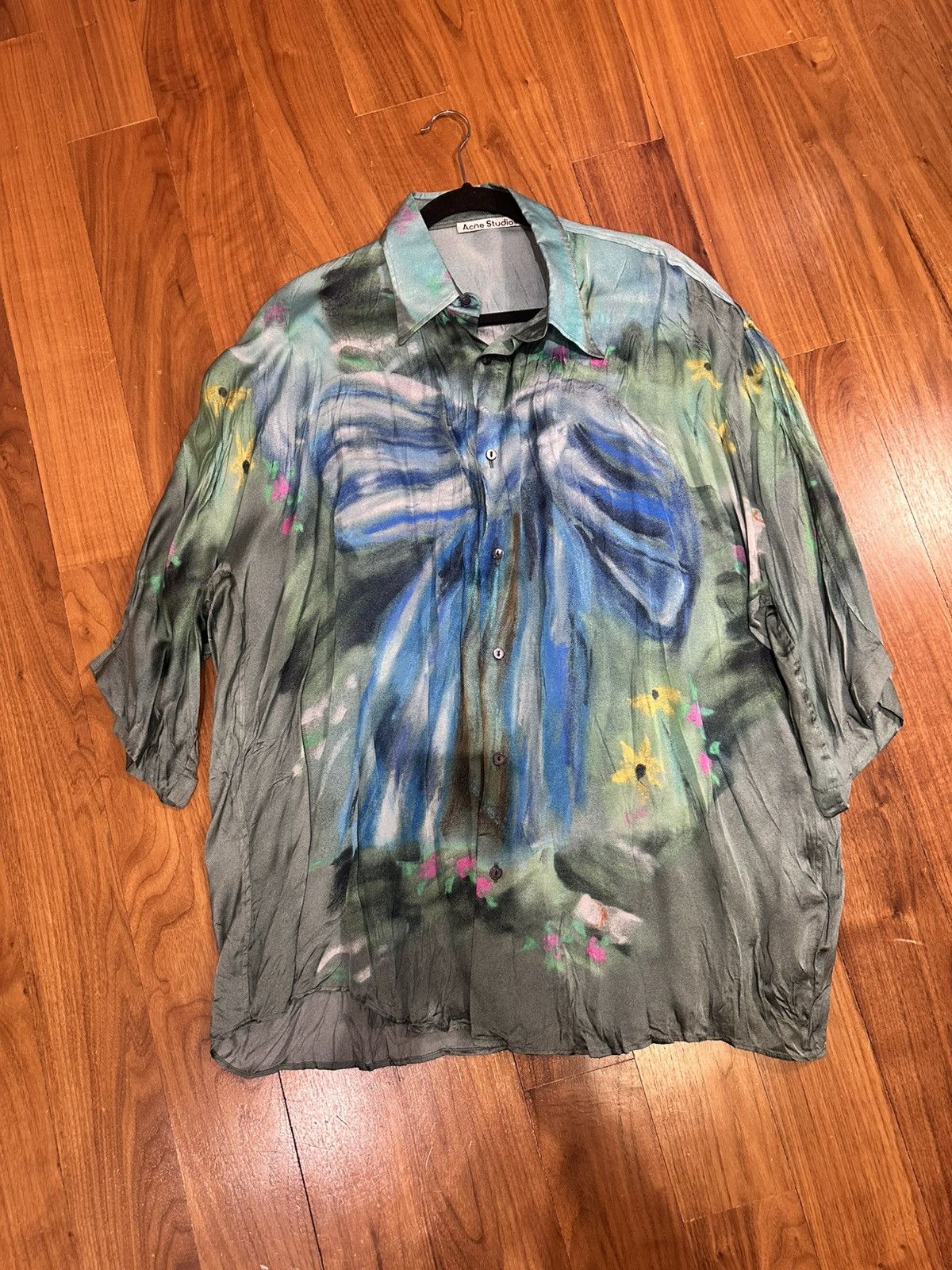 Acne Studios Acne Studios Silk/Viscose Butterfly Print Shirt Blue Green Size US M / EU 48-50 / 2 - 1 Thumbnail